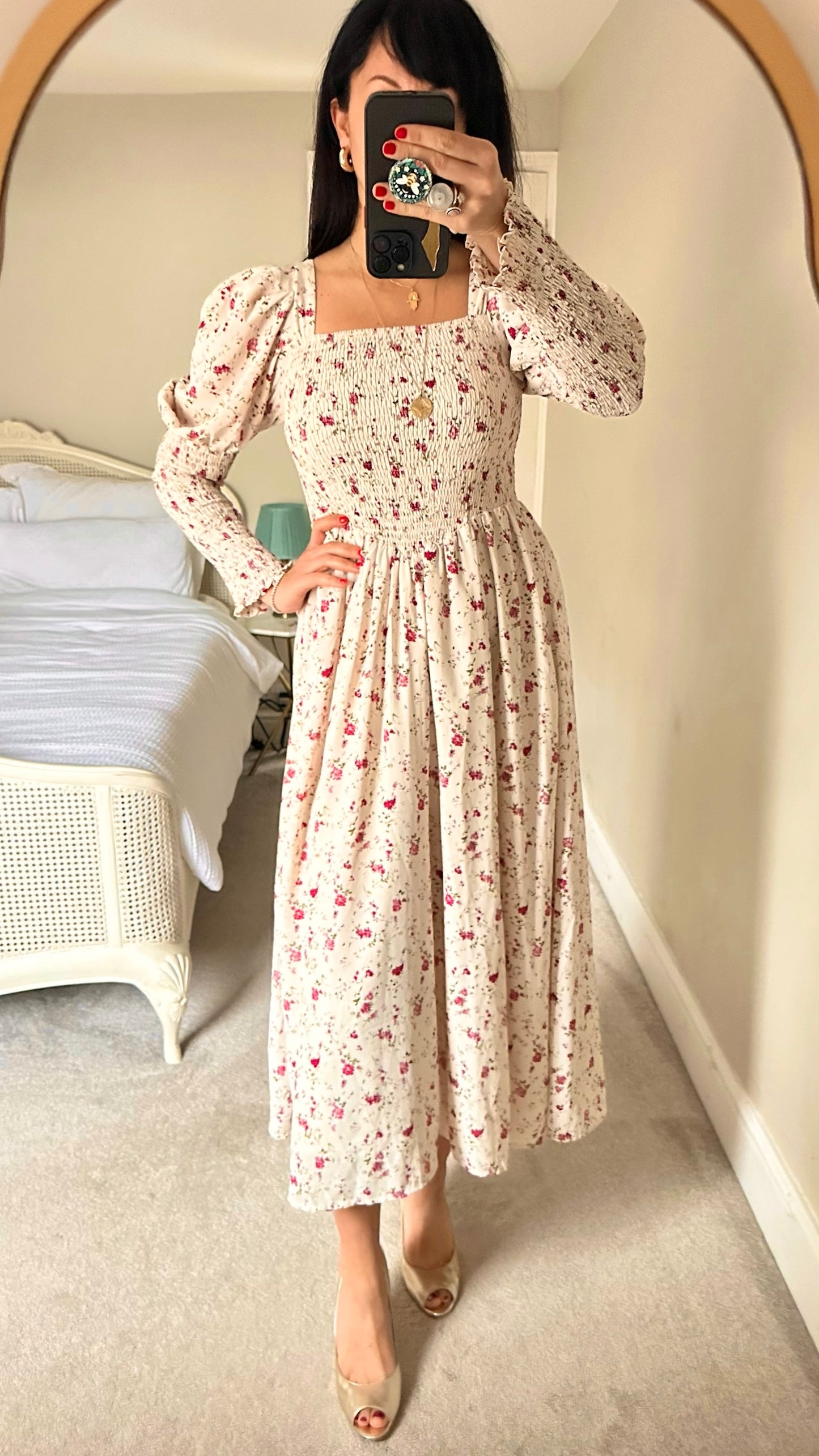 Sister Jane cream burgundy floral ruched body long sleeve maxi dress wedding small S UK 8 10 vgc