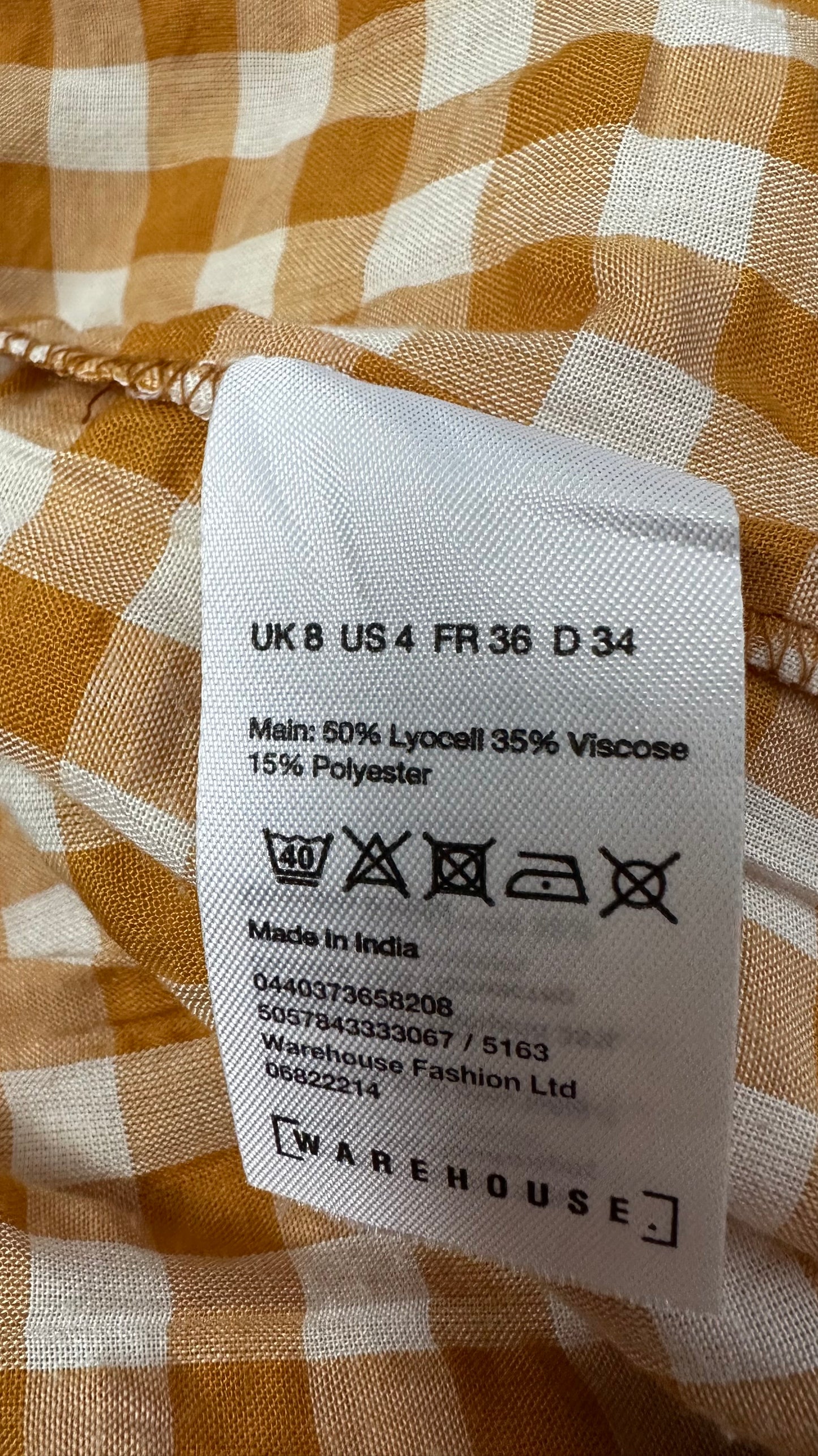 Warehouse ochre white gingham check mini sun dress small UK 8 holiday vgc