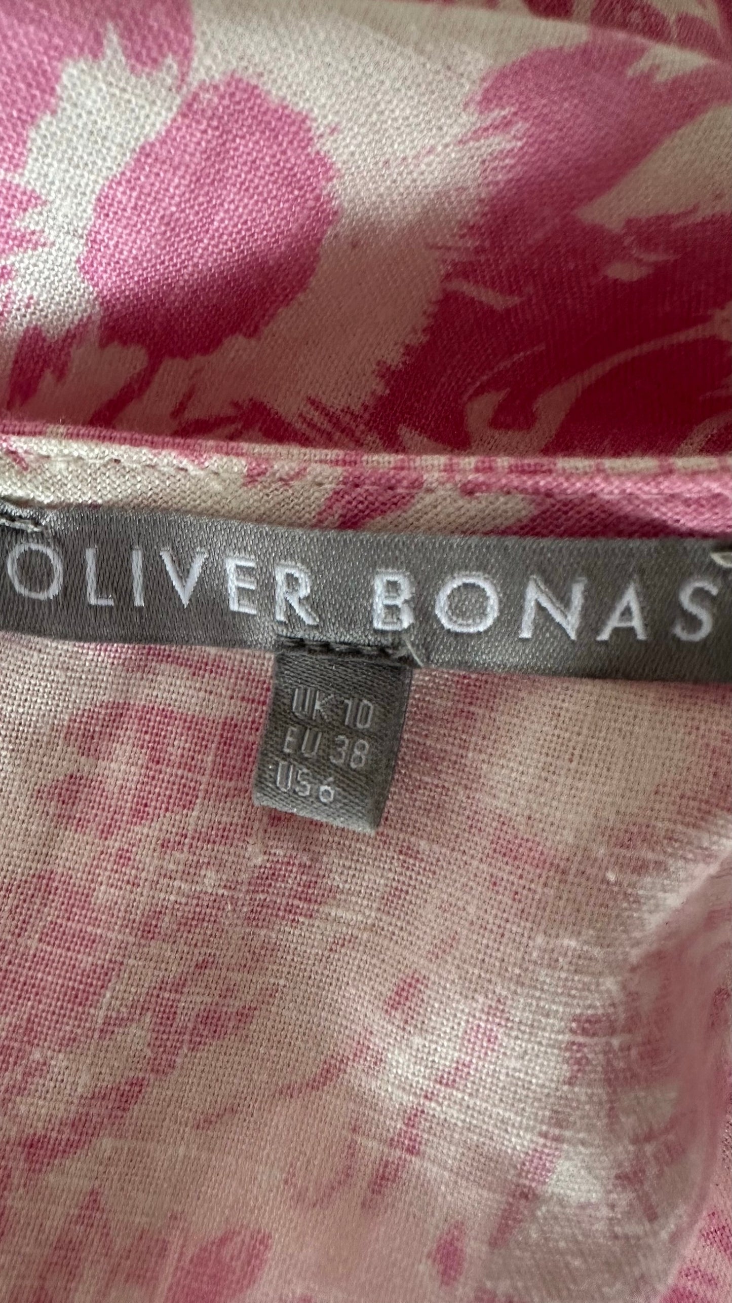 Oliver bonas white pink floral linen blend holiday dress medium UK 10 vgc