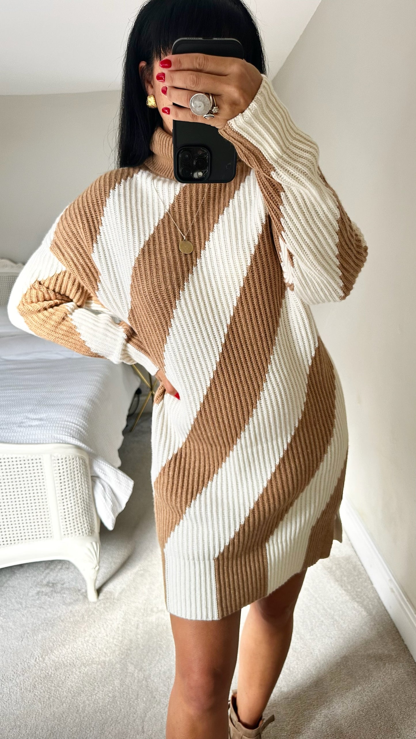 Reiss cream beige stripe knitted jumper dress medium UK 10 vgc