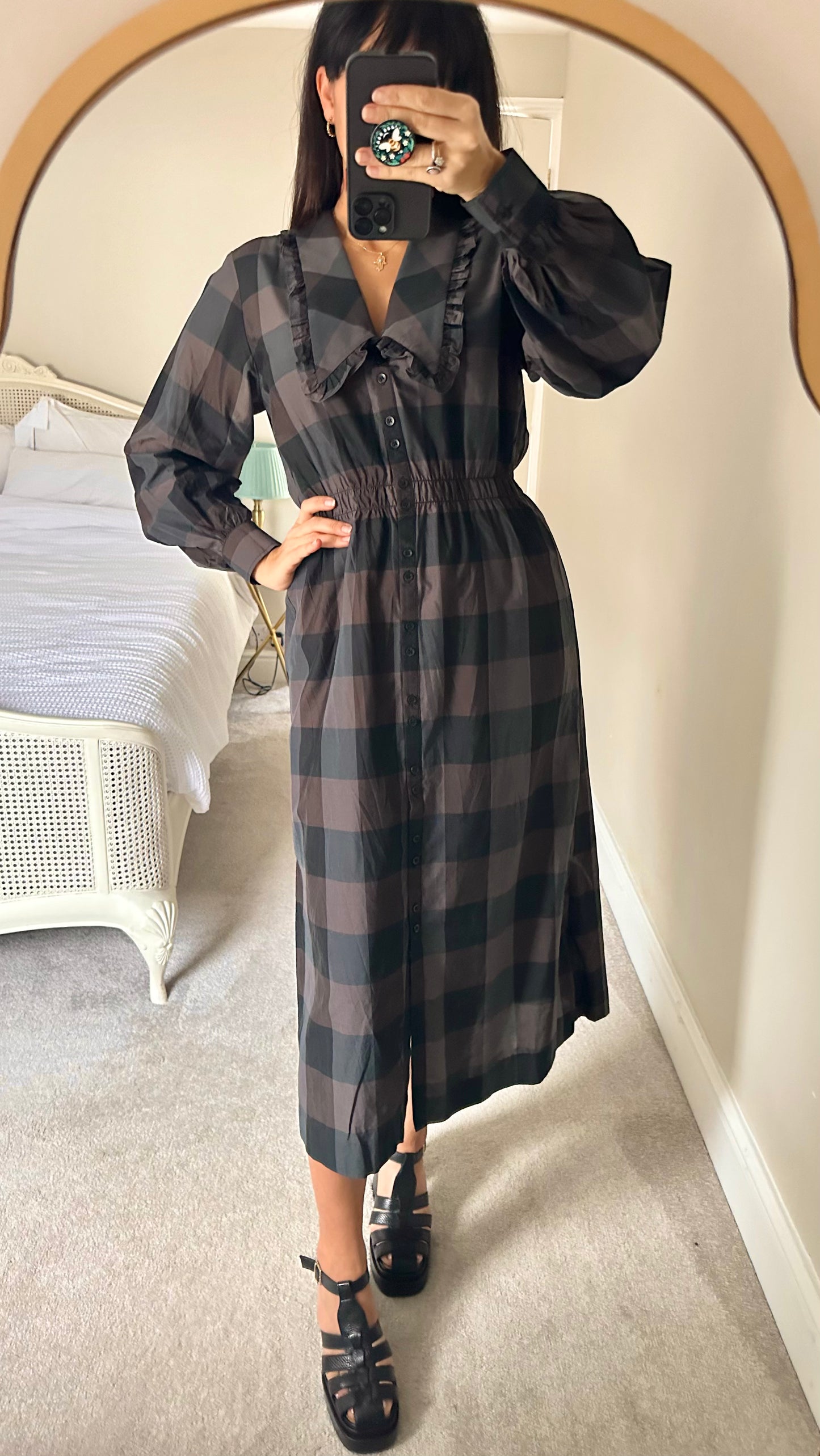 & other stories black brown check gingham collared midi long dress medium UK 10 12 new bnwot