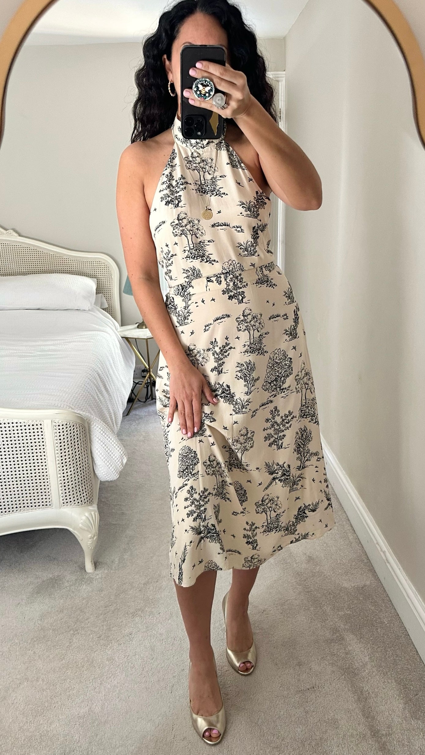 & Other stories cream black tree city print halterneck backless midi dress medium M UK 10-12 vgc