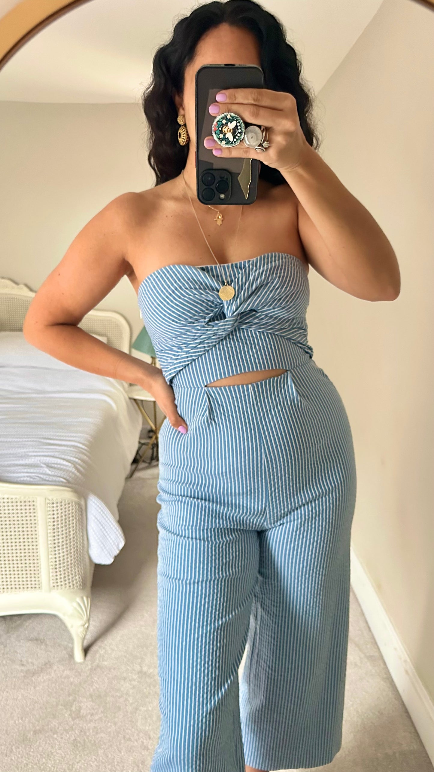 Zara light blue white stripe jumpsuit playsuit small UK 8 holiday vgc