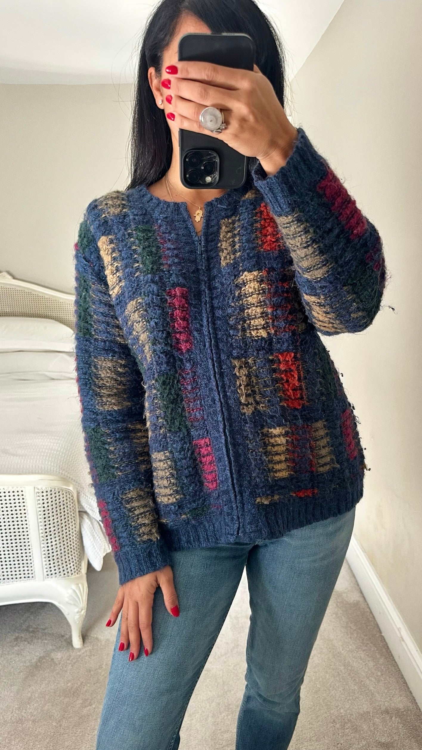 Vintage mohair blend navy patterned knitted cardigan large UK 10-12 vgc