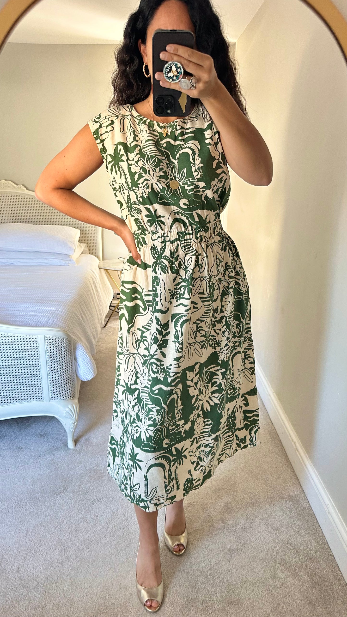 Feather & Bone @ Anthropologie Green cream holiday palm print linen blend dress UK 10-12