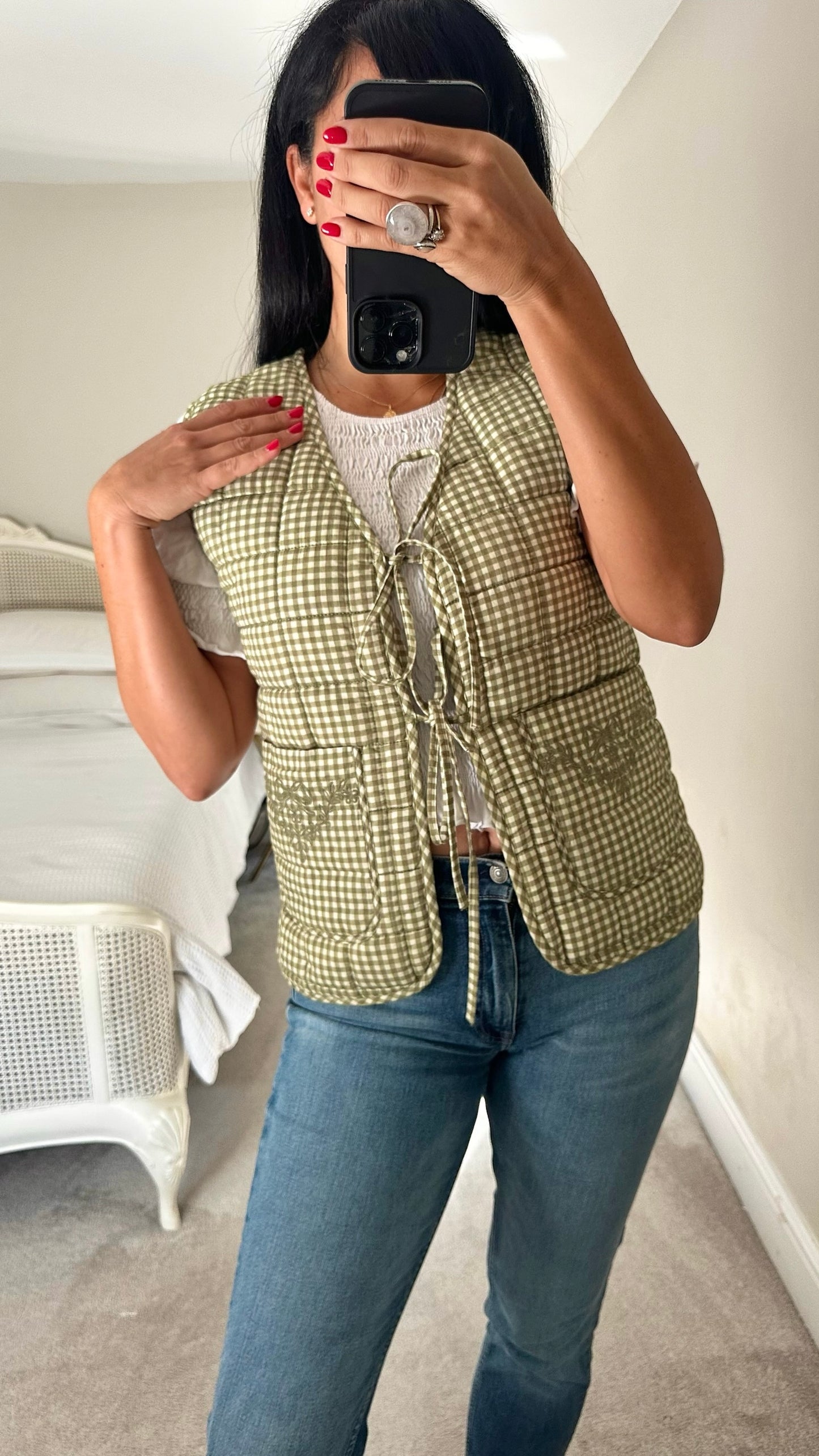 Damson madder green pink gingham quilted reversible waistcoat jacket medium UK 10 vgc