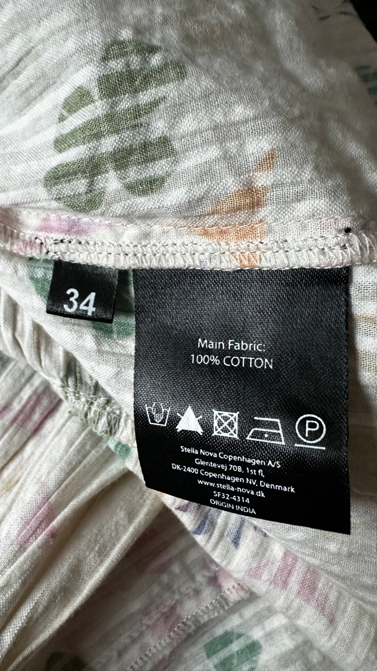 Stella Nova cream green pink clover print scalloped midi long holiday event dress small UK 8 vgc cotton