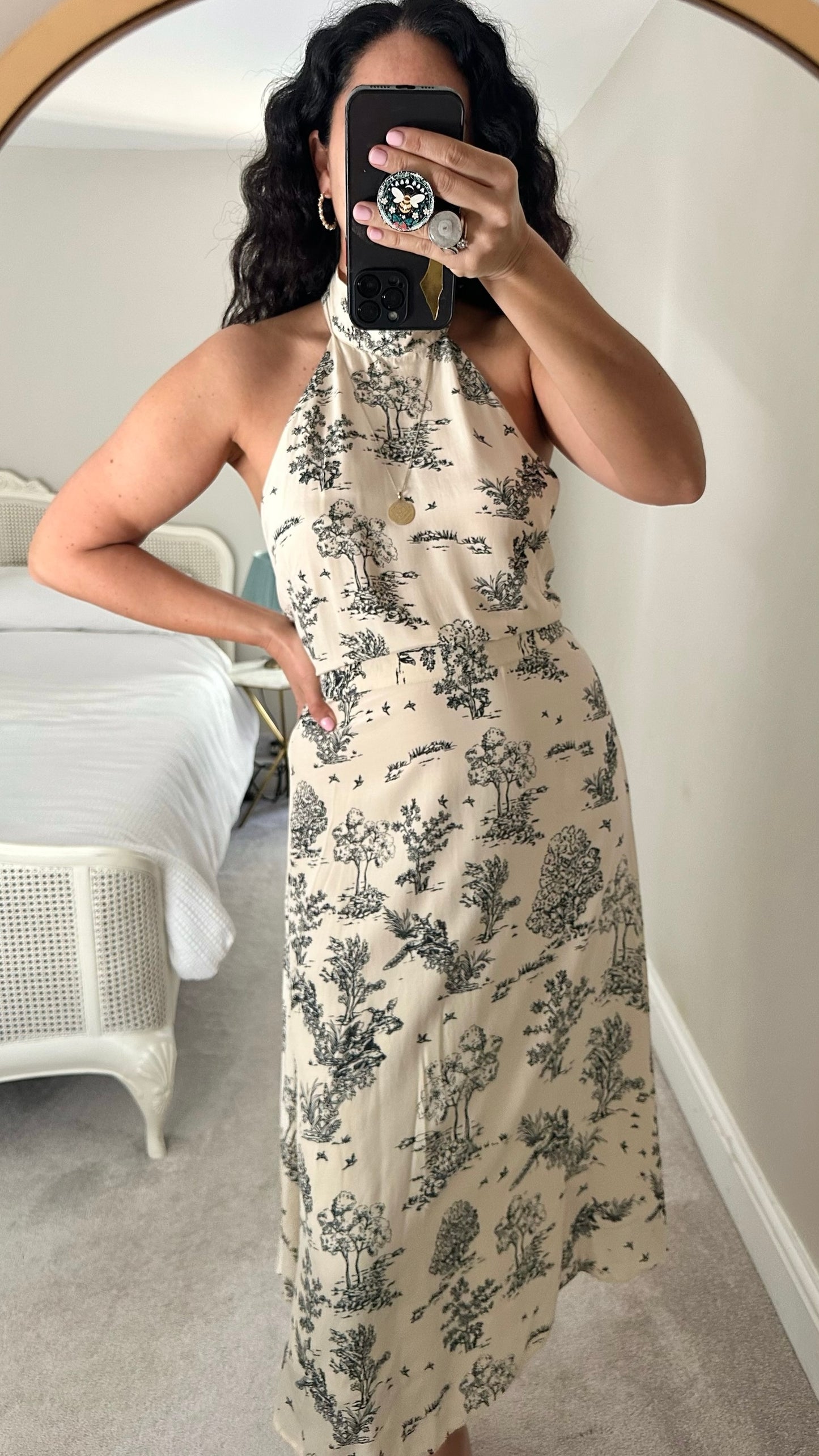 & Other stories cream black tree city print halterneck backless midi dress medium M UK 10-12 vgc