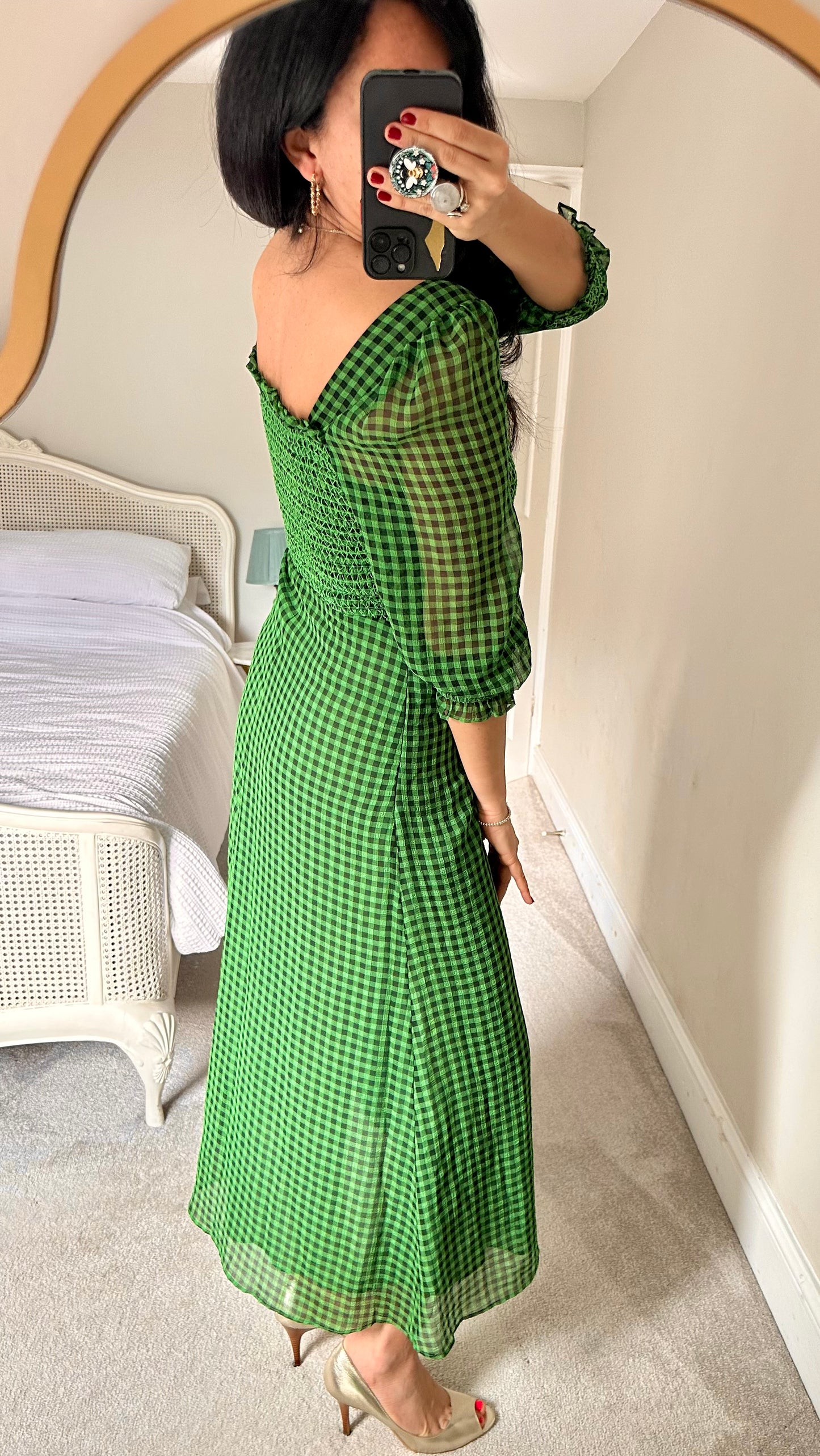Whistles black green gingham shirred bust midi dress small UK 8 vgc
