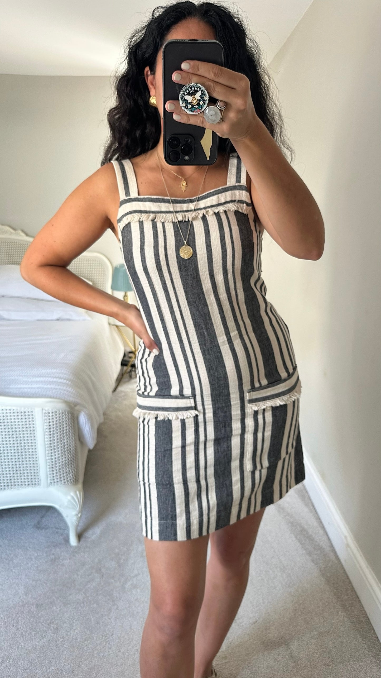 Whistles cream beige grey stripe linen blend mini holiday dress medium M UK 10 vgc