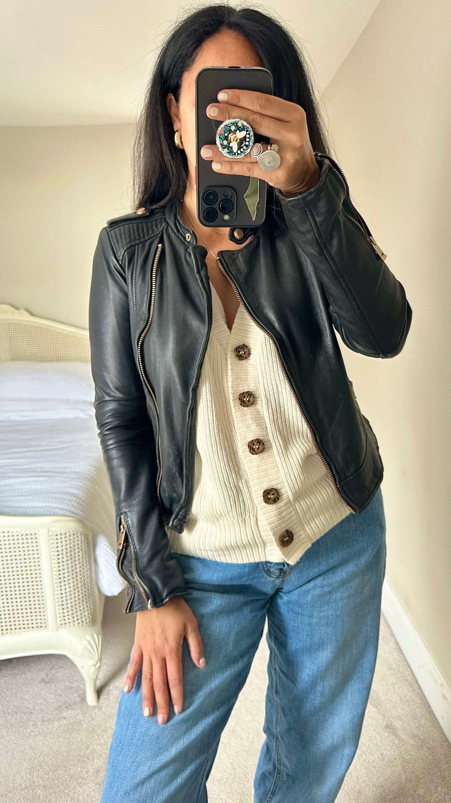 Zara black real leather zip up jacket small S UK 8 vgc