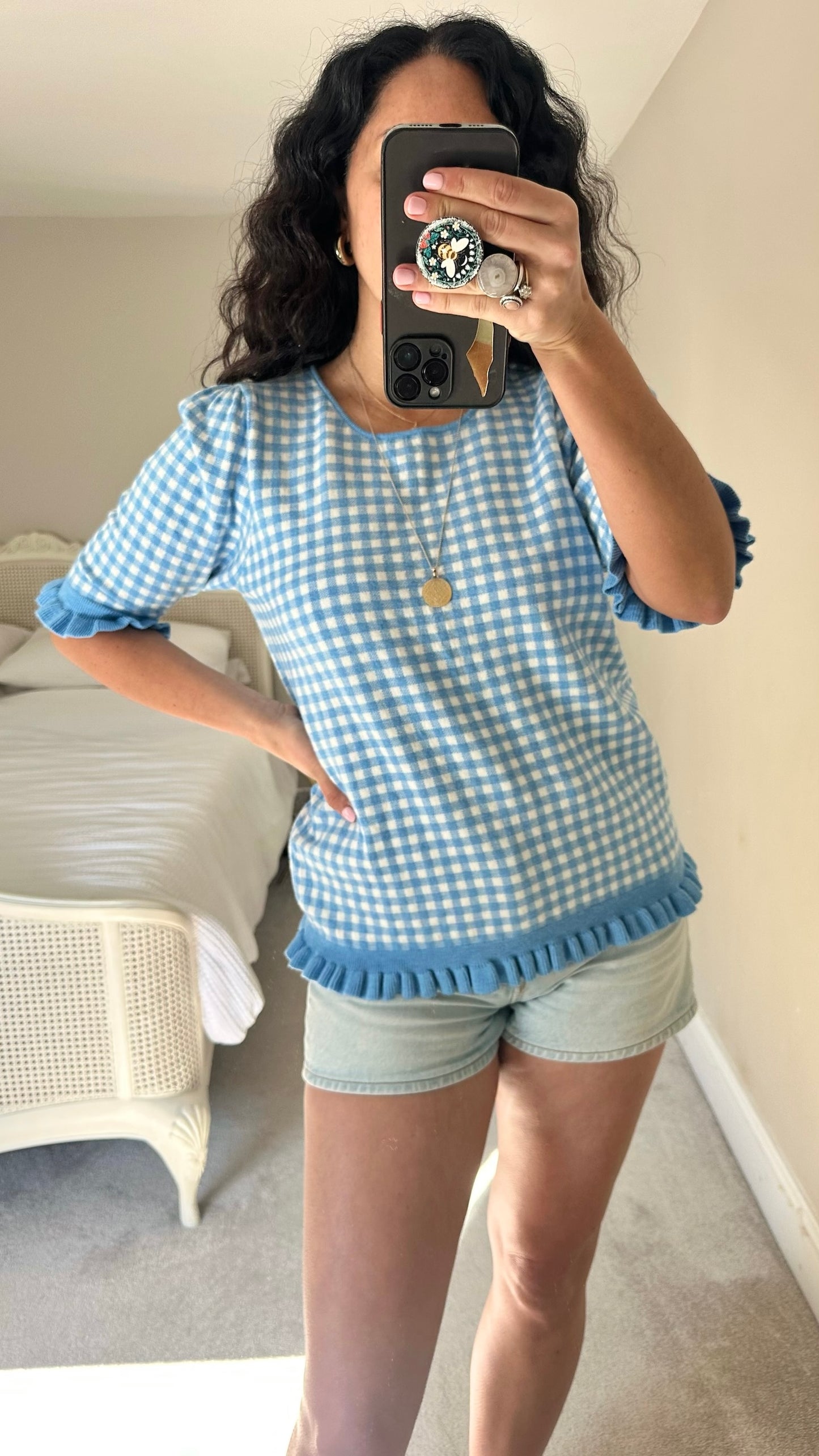 La Radoute blue white gingham short sleeve top medium M UK 12