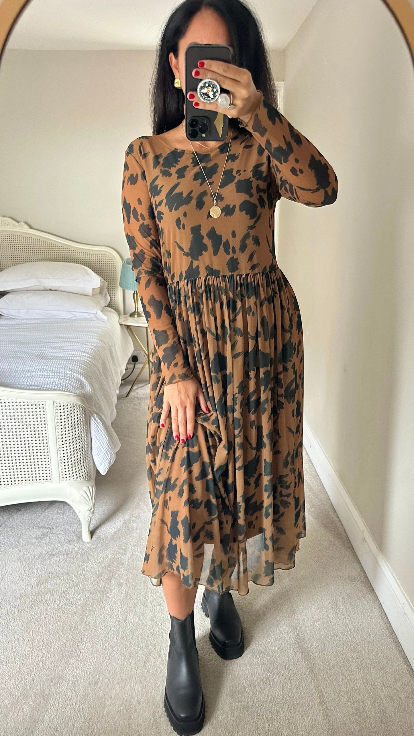 Numph @ Anthropologie brown black leopard animal print mesh dress midi medium UK 10 vgc w25