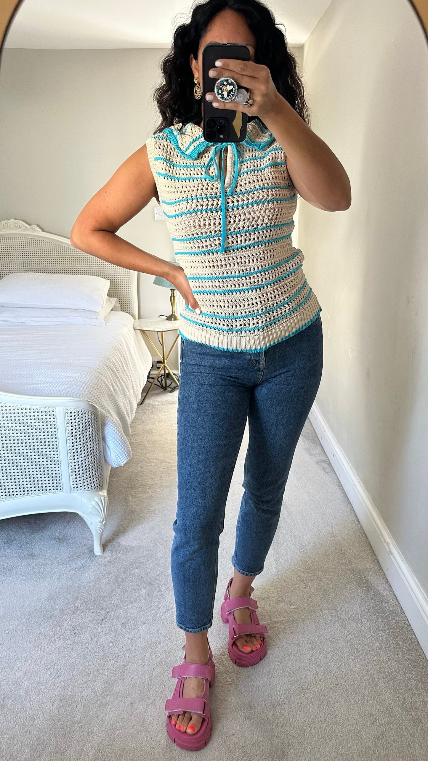 Nobody’s child turquoise cream stripe oversized collar crochet vest top small medium SM 8-10 vgc