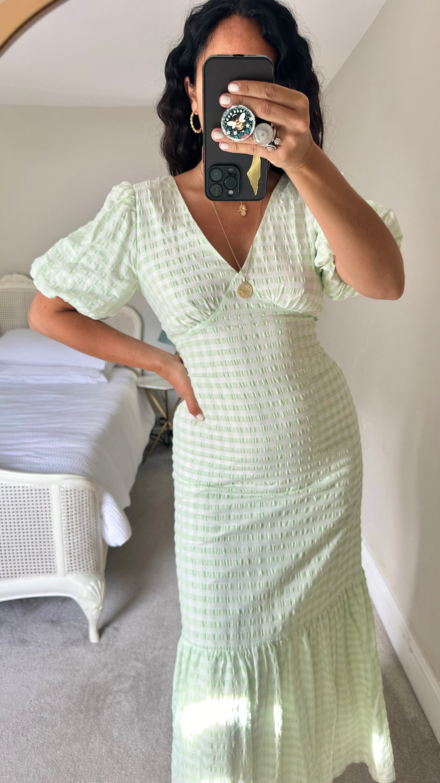 Warehouse light green white gingham check long maxi wedding guest holiday dress small UK 8 vgc