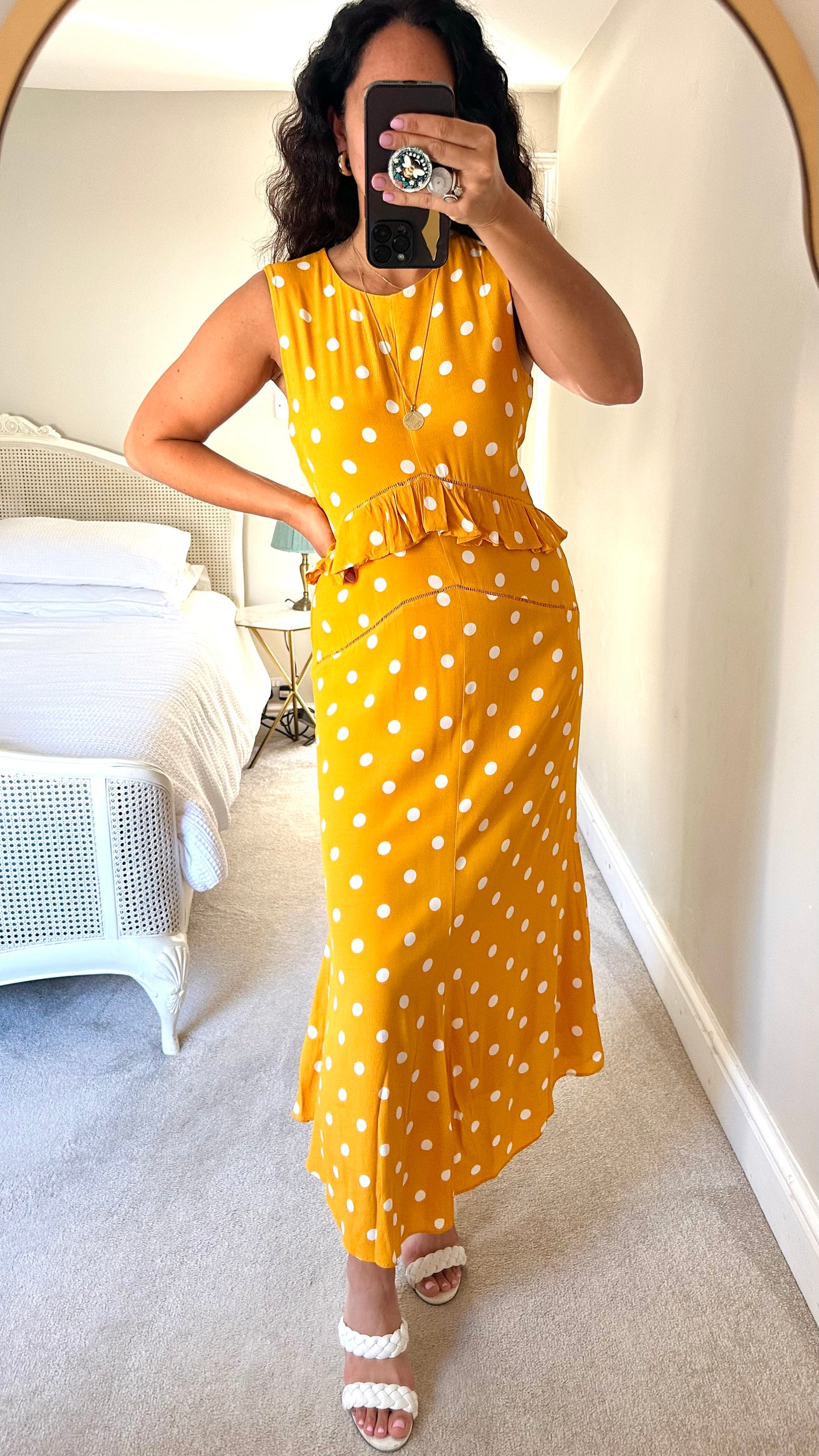 Warehouse mustard yellow white polka dot midi event dress medium large UK 10-12 vgc