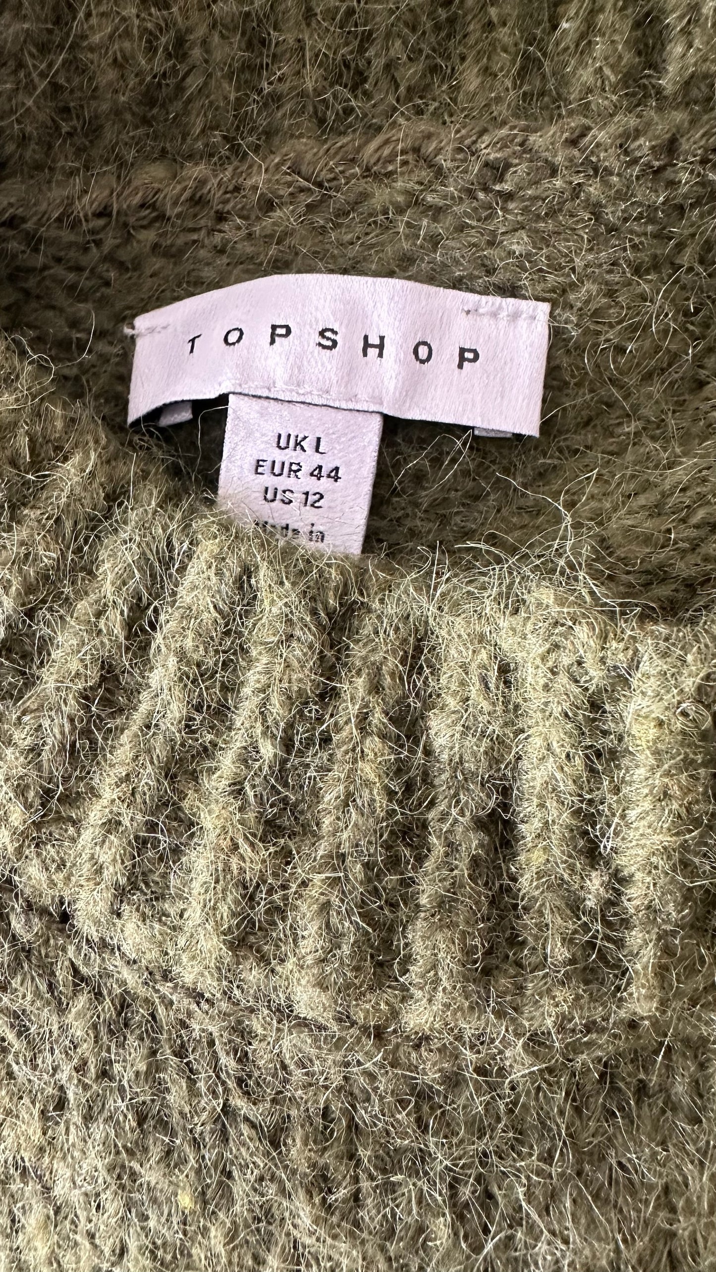 Topshop khaki olive green knitted jumper dress large UK 12 vgc w25