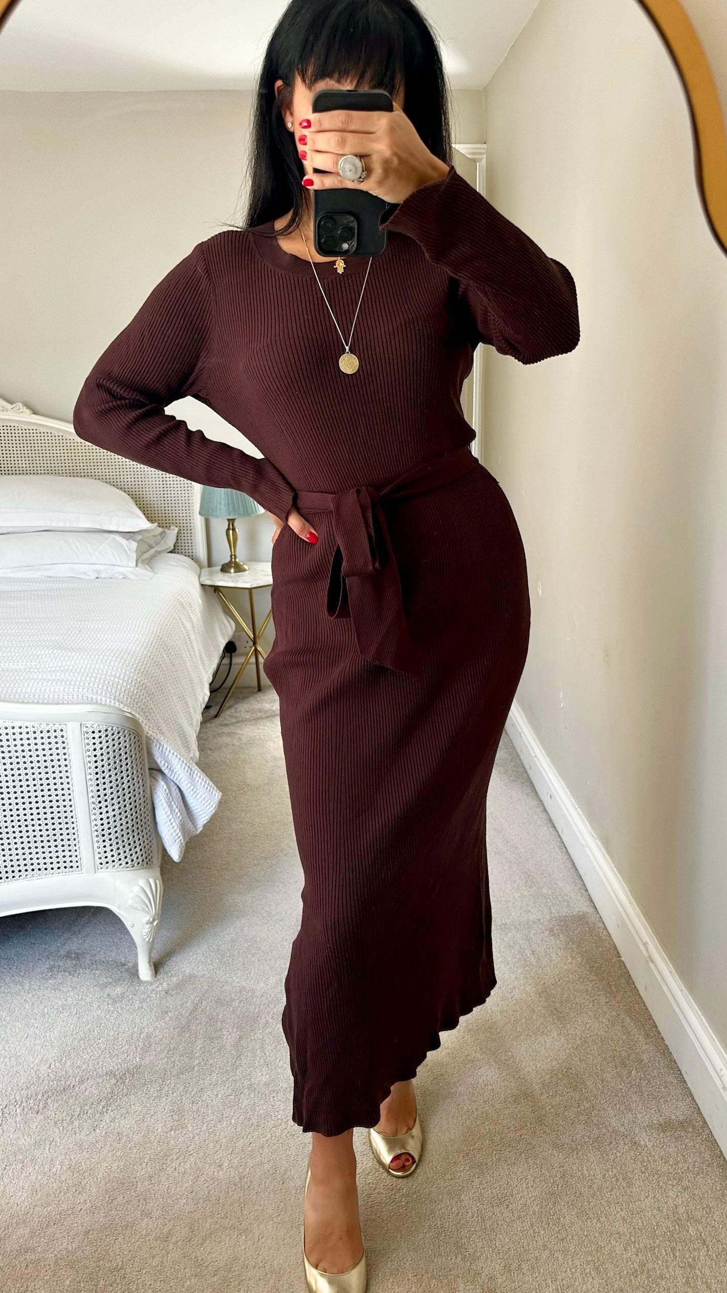 Forever new chocolate brown knitted ribbed midi jumper dress extra large XL UK 14