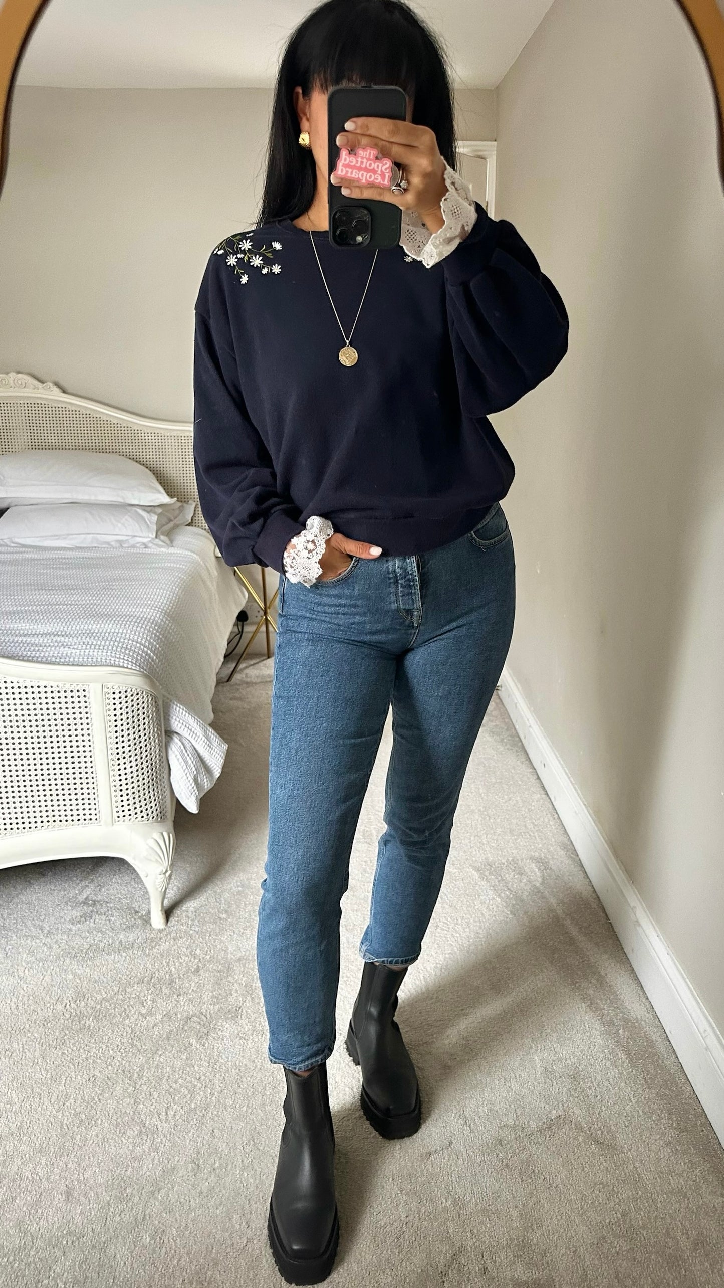 Olive navy blue floral embroidered lace jumper sweater large L UK 12 excellent used condition