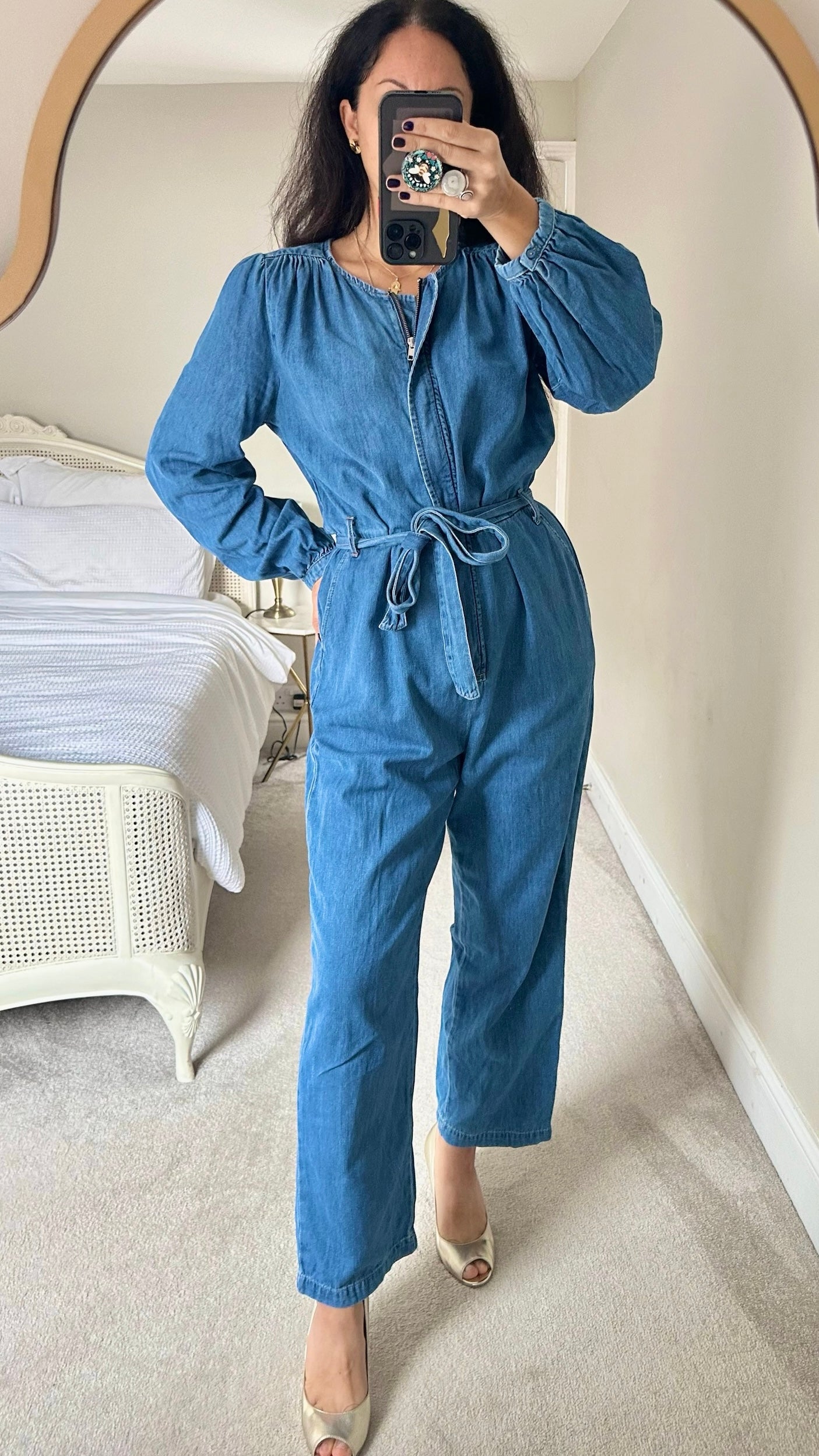 Oliver Bonas light blue denim tie waist jumpsuit boilersuit extra large UK 14 vgc