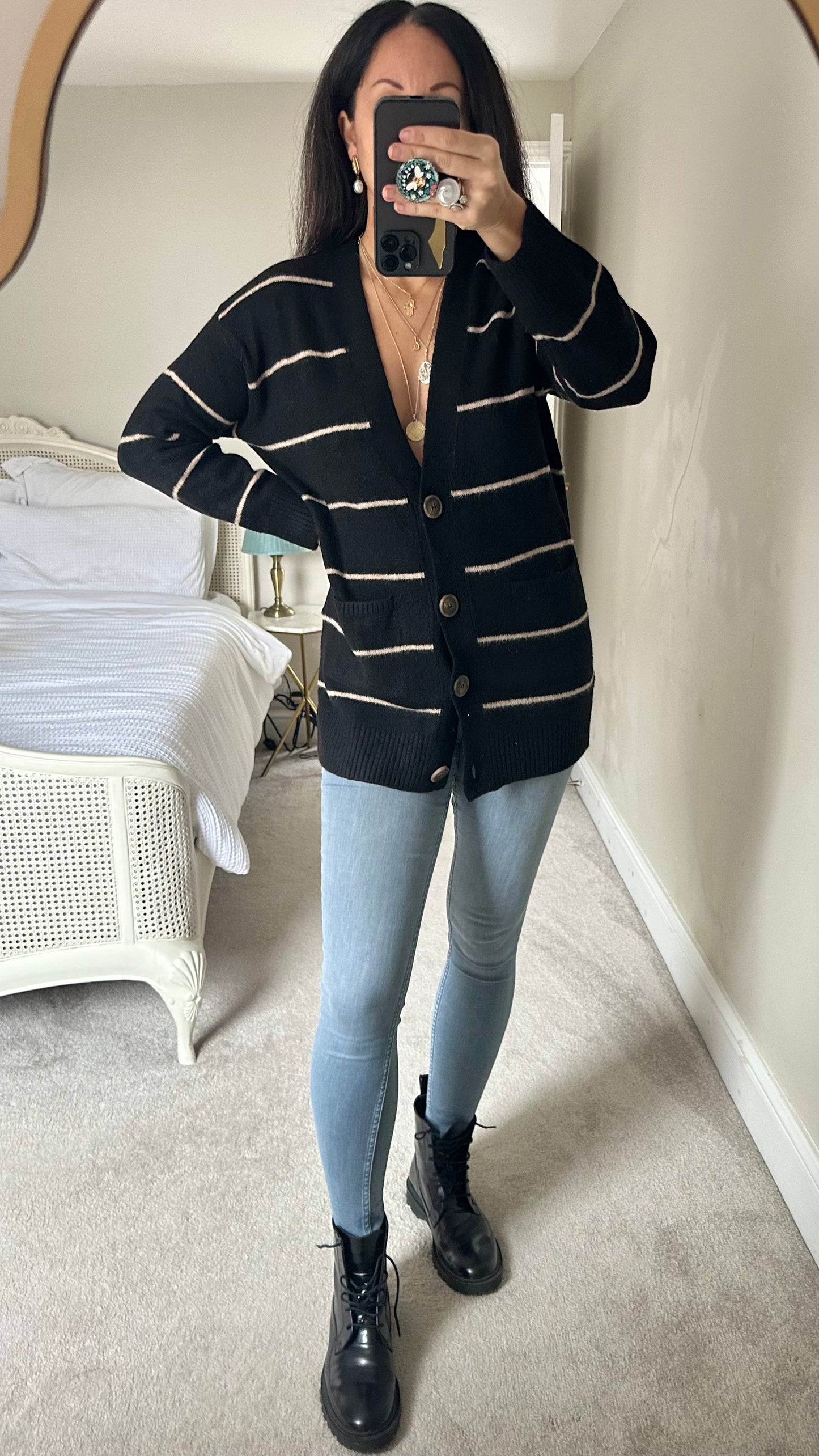 Mango beige stripe knitted cardigan jumper extra small UK 6 8 vgc