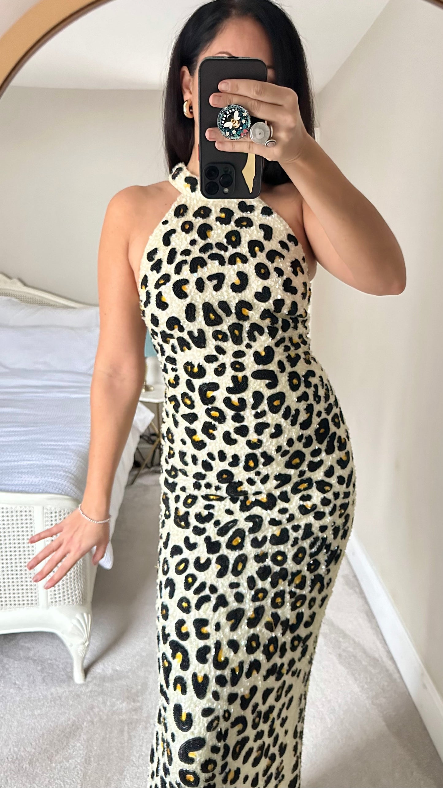 ASOS black tie party gala dress maxi long small UK 8 leopard print sequin leopard print