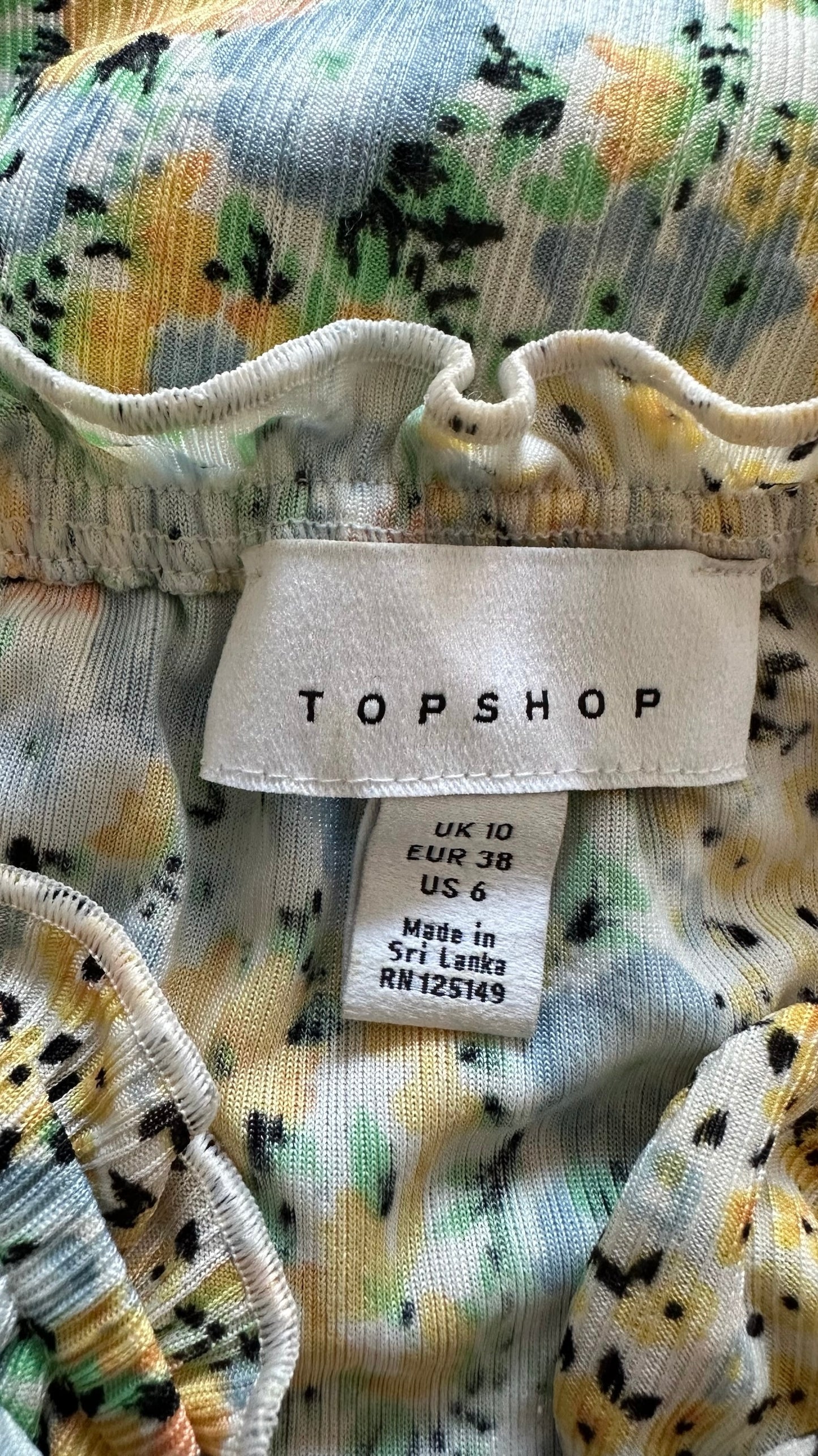Topshop cream blue green floral print tie bust mini dress medium M UK 10 vgc