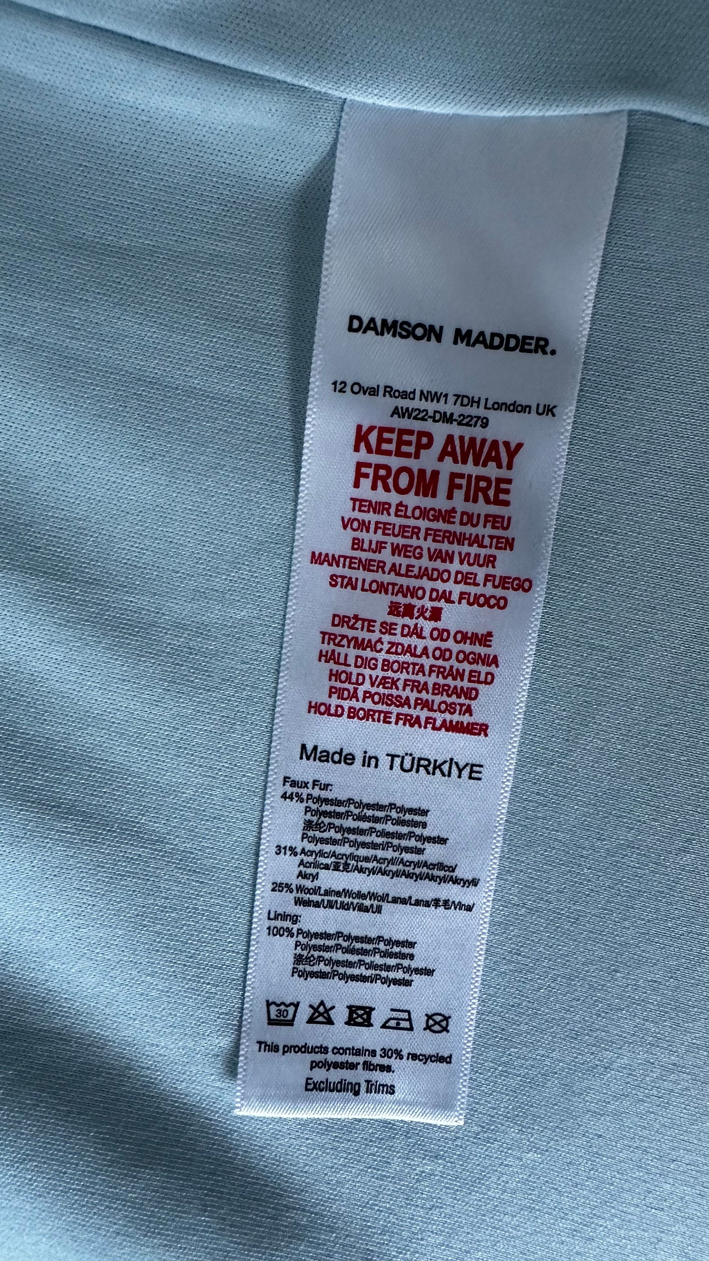 Damson Madder light blue cream gingham check tartan bow front coat fleece jacket medium UK 12 kitsch vgc