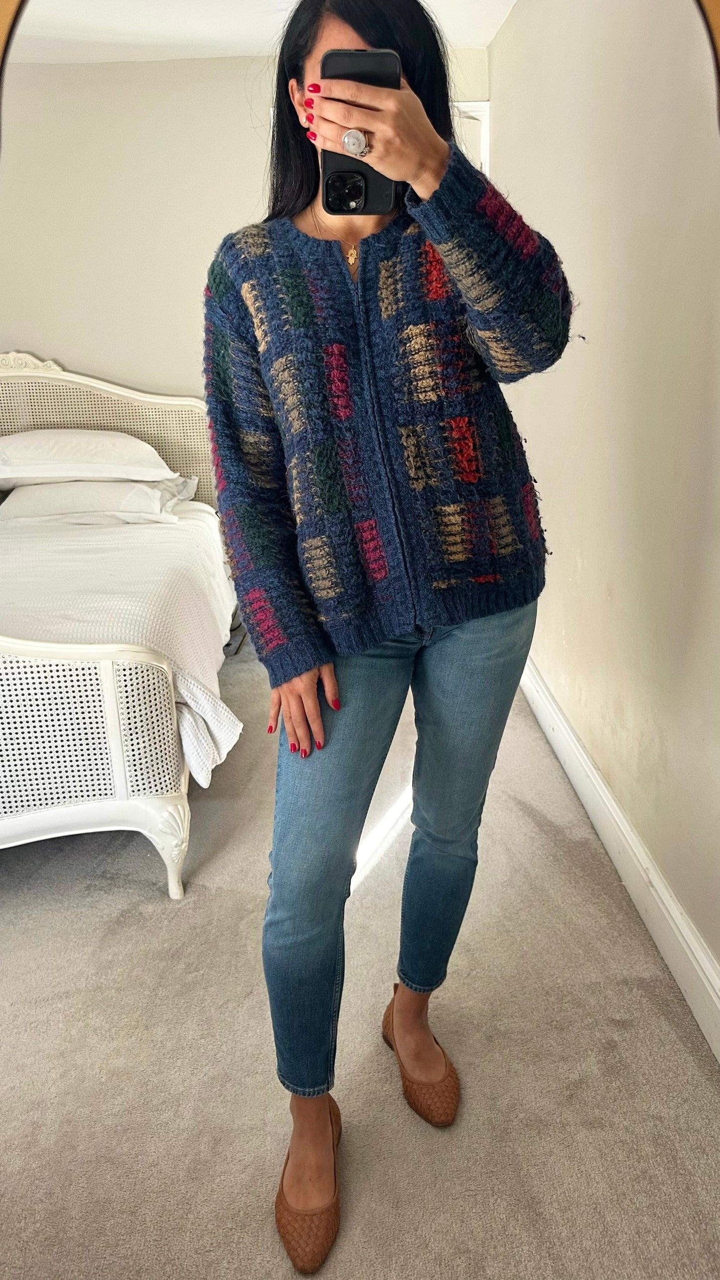 Vintage mohair blend navy patterned knitted cardigan large UK 10-12 vgc