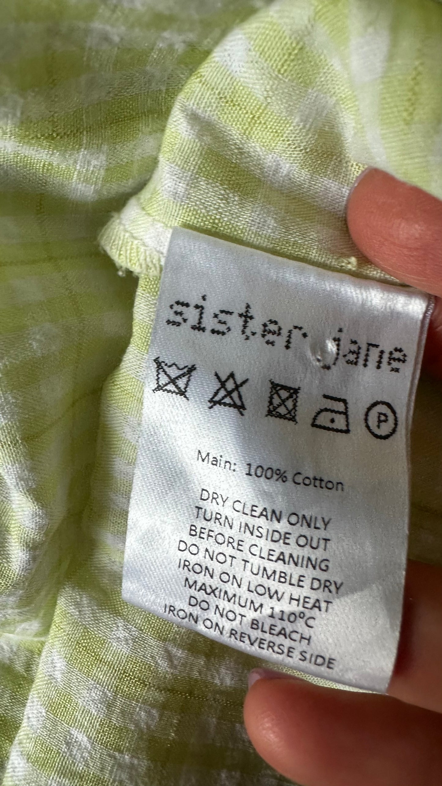 Sister Jane green white gingham check shirt top small UK 8 vgc