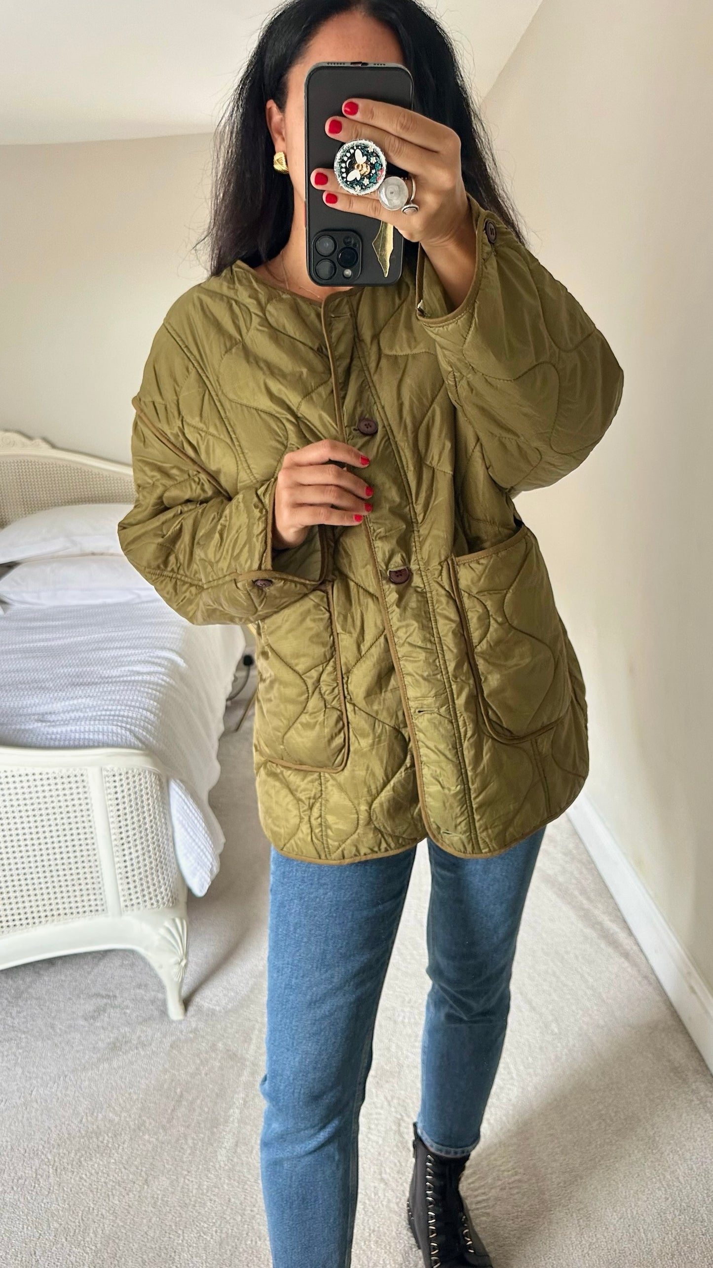 Warehouse quilted olive khaki green jacket medium UK 10-12 vgc w25