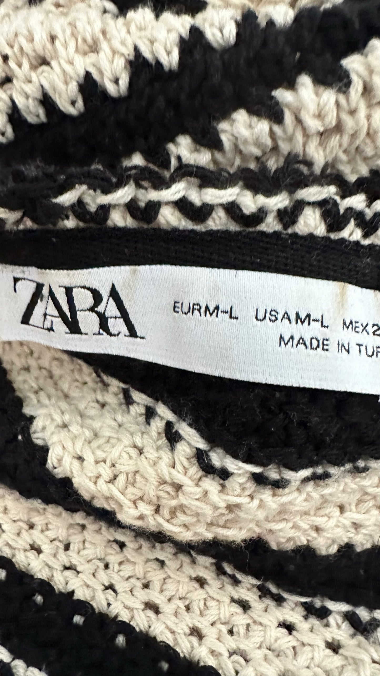 Zara cream black stripe crotchet knit longline jumper dress XL extra large UK 14 vgc W25