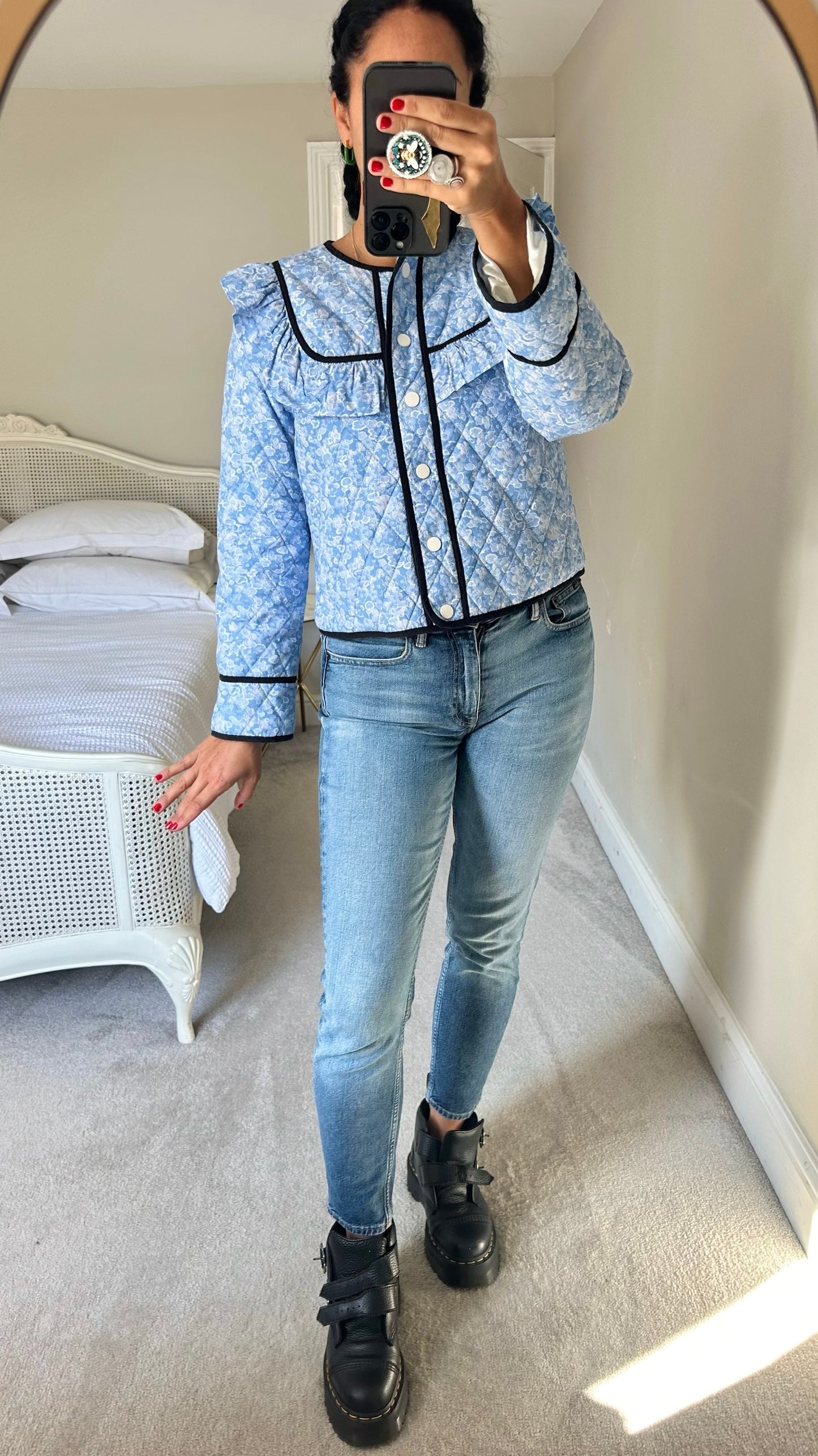 Ganni @ Net a Porter light blue floral patchwork quilted jacket coat large UK 12 vgc w25