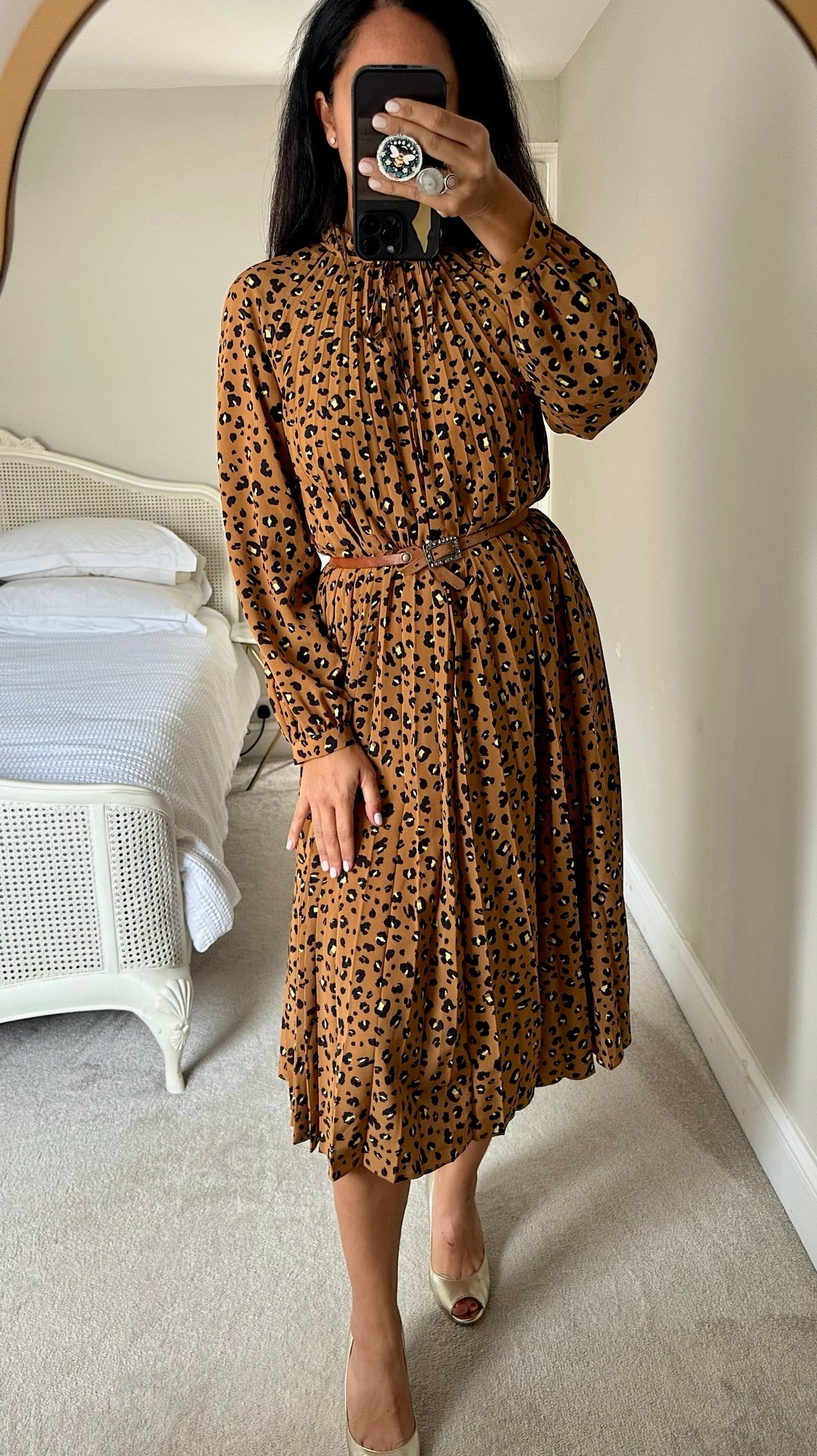 & other stories brown leopard pleated long event dress large UK 12 vgc w25