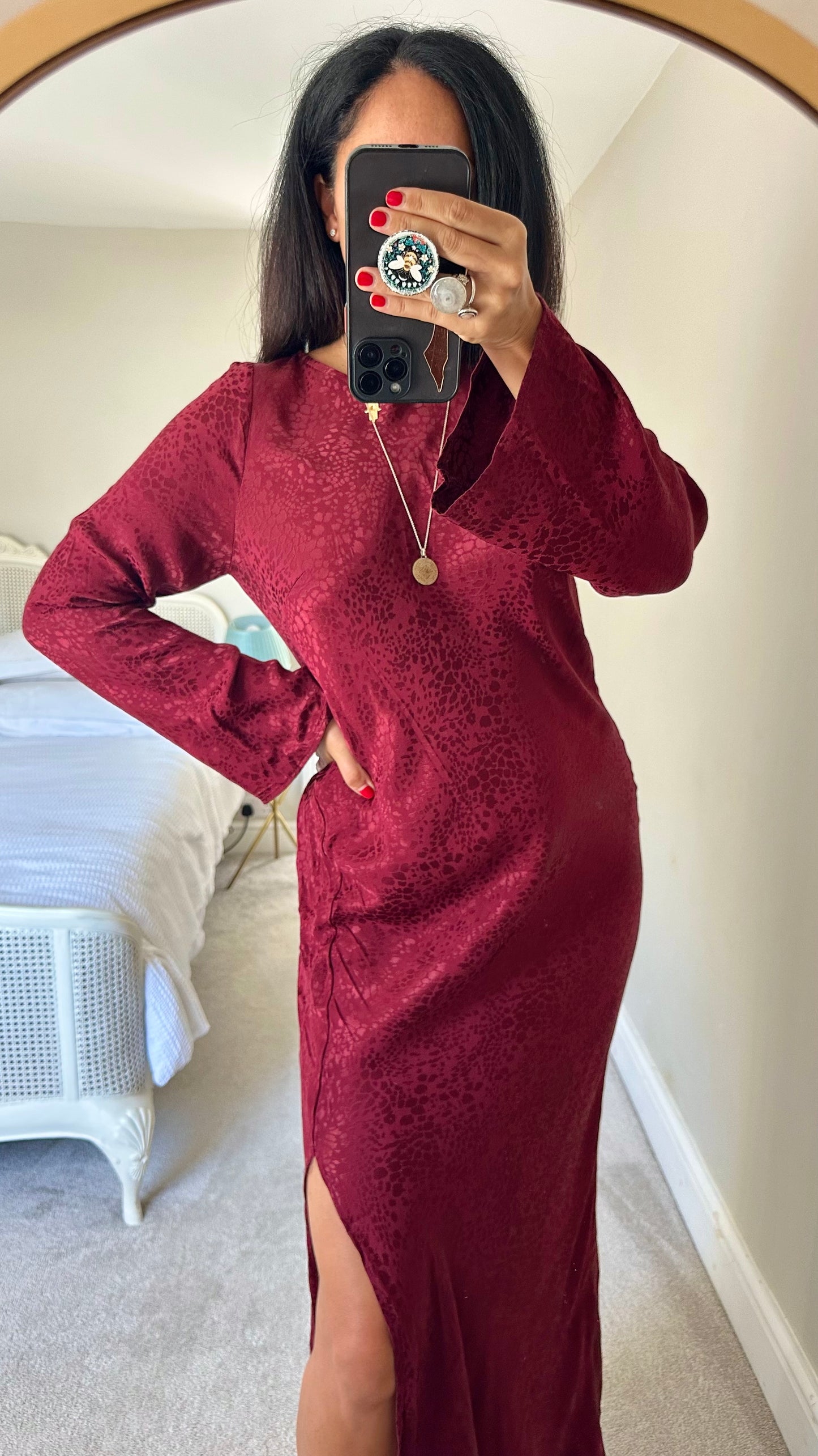 Nobody’s Child burgundy red maxi side split midi long dress event large UK 12 vgc w25