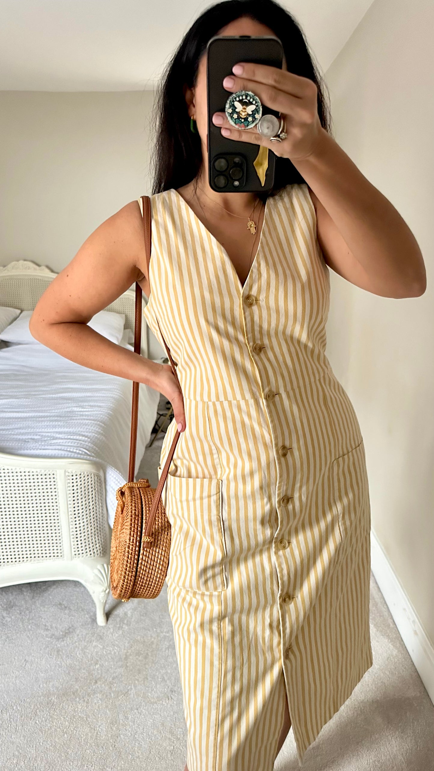 Warehouse mustard yellow white stripe button up midi casual dress length holiday dress extra large UK 12-14 vgc