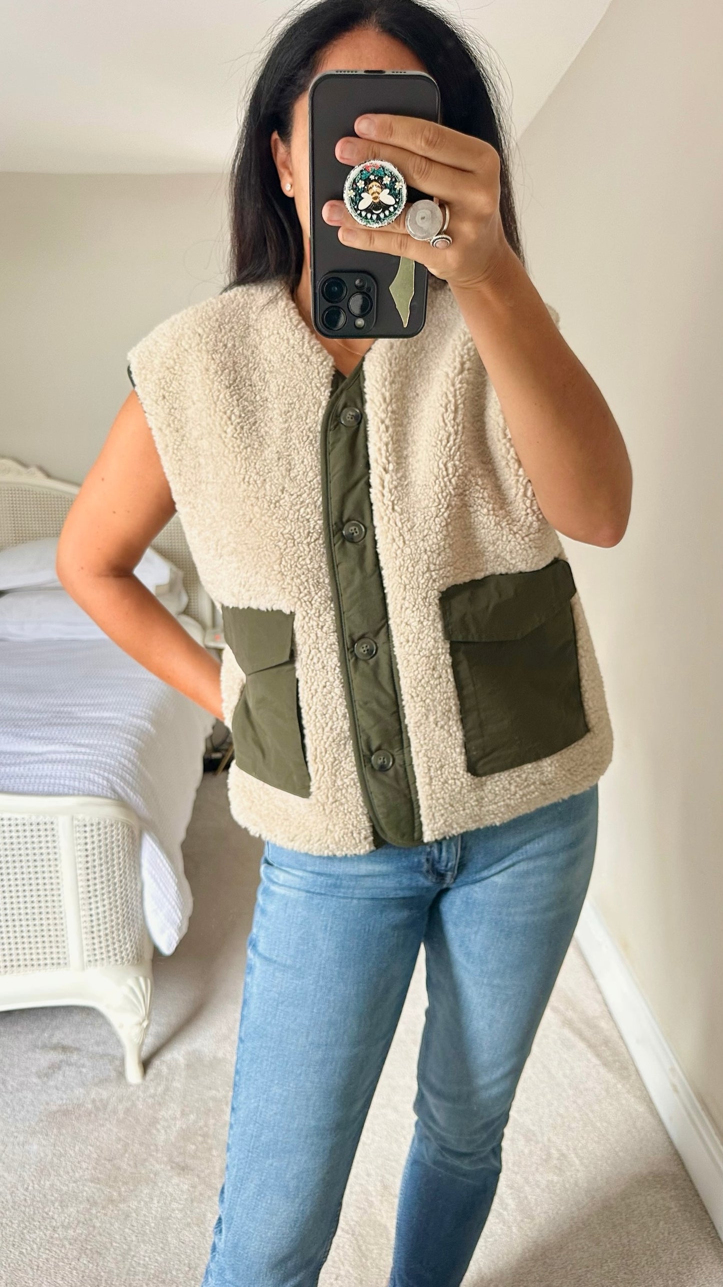 Mango cream khaki green shearling vest large L UK 12 excellent used condition W25