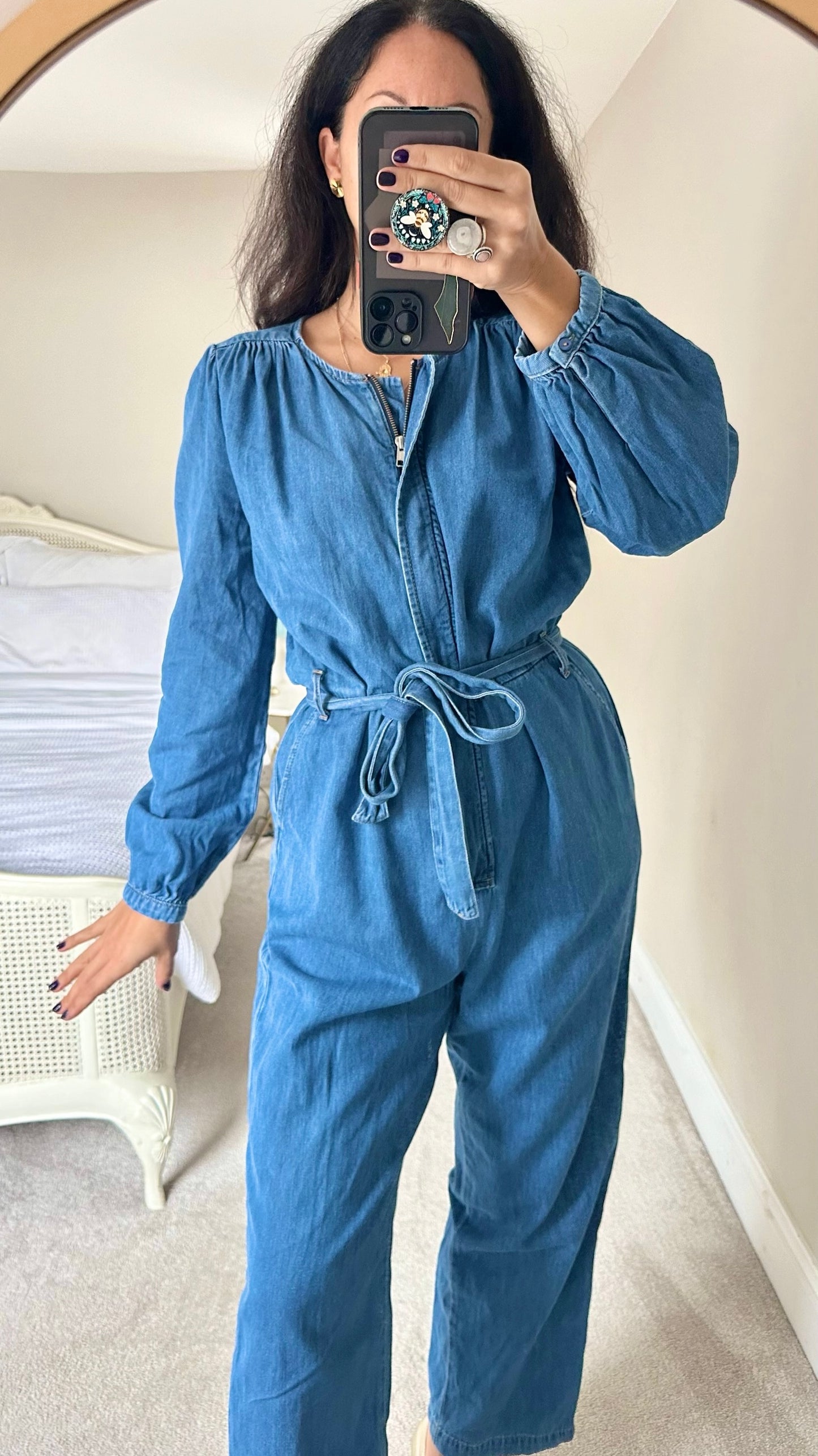 Oliver Bonas light blue denim tie waist jumpsuit boilersuit extra large UK 14 vgc