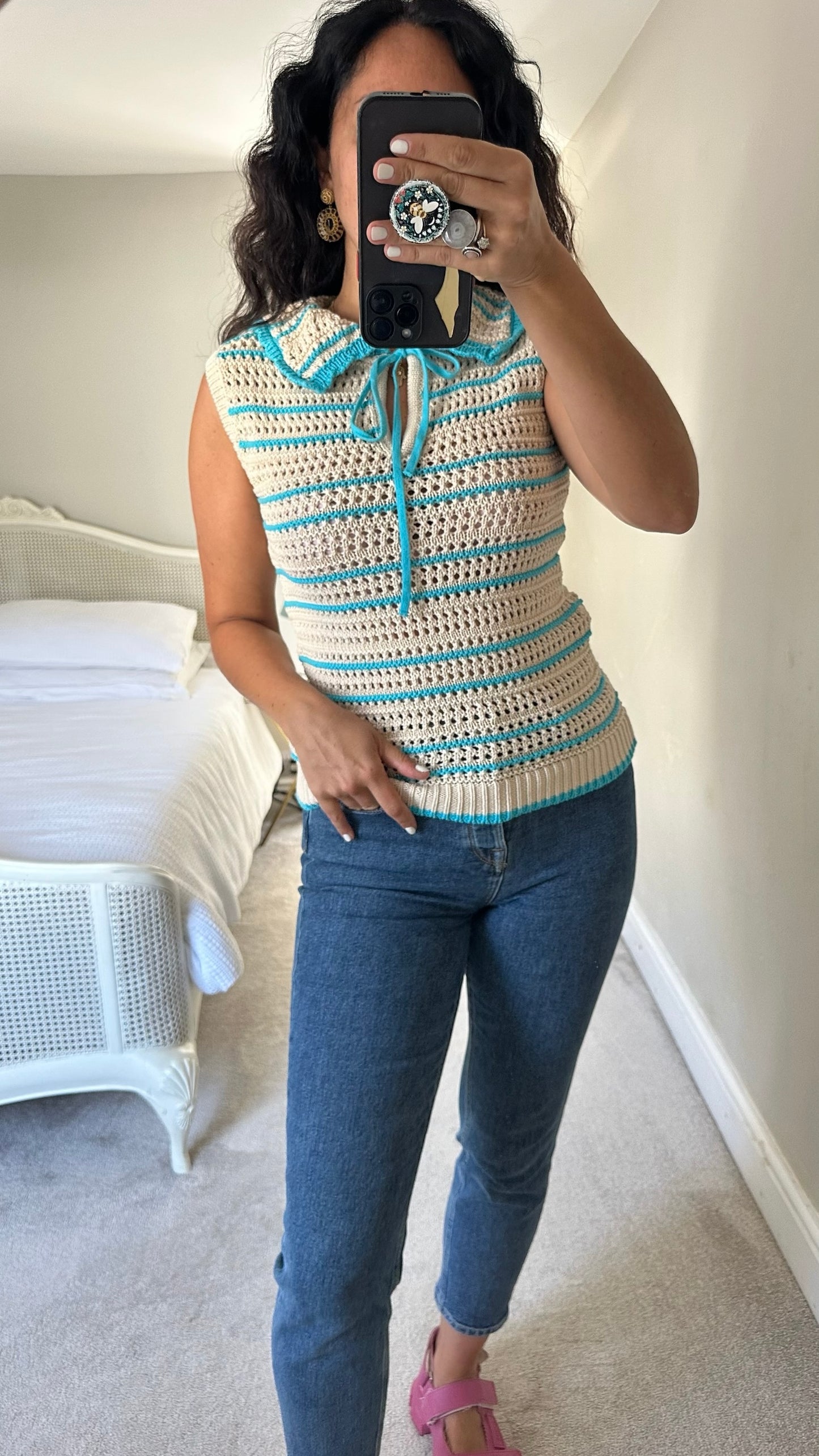 Nobody’s child turquoise cream stripe oversized collar crochet vest top small medium SM 8-10 vgc