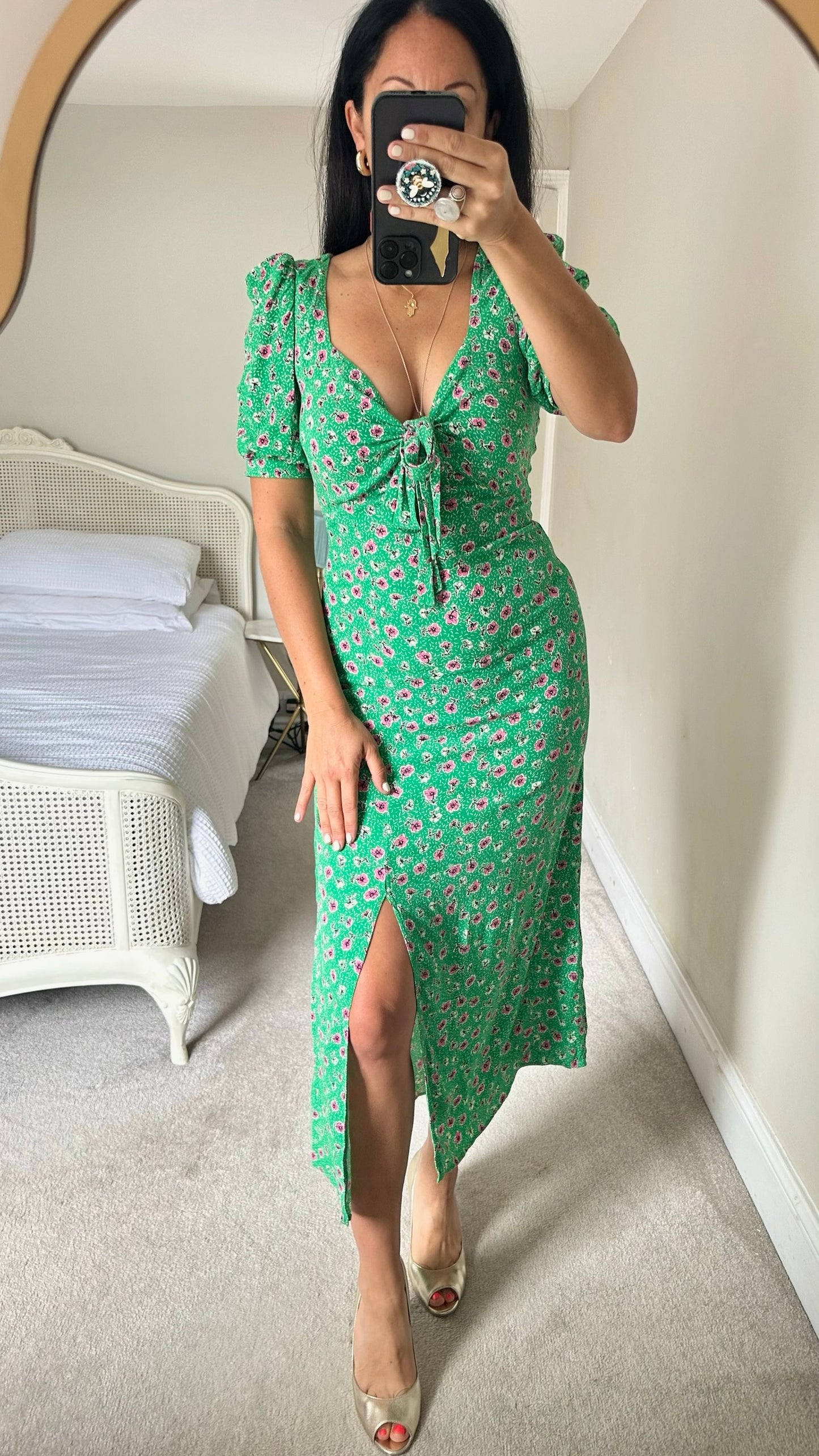 Nobody’s child green pink floral tie front side split maxi dress medium M UK 10 as new condition