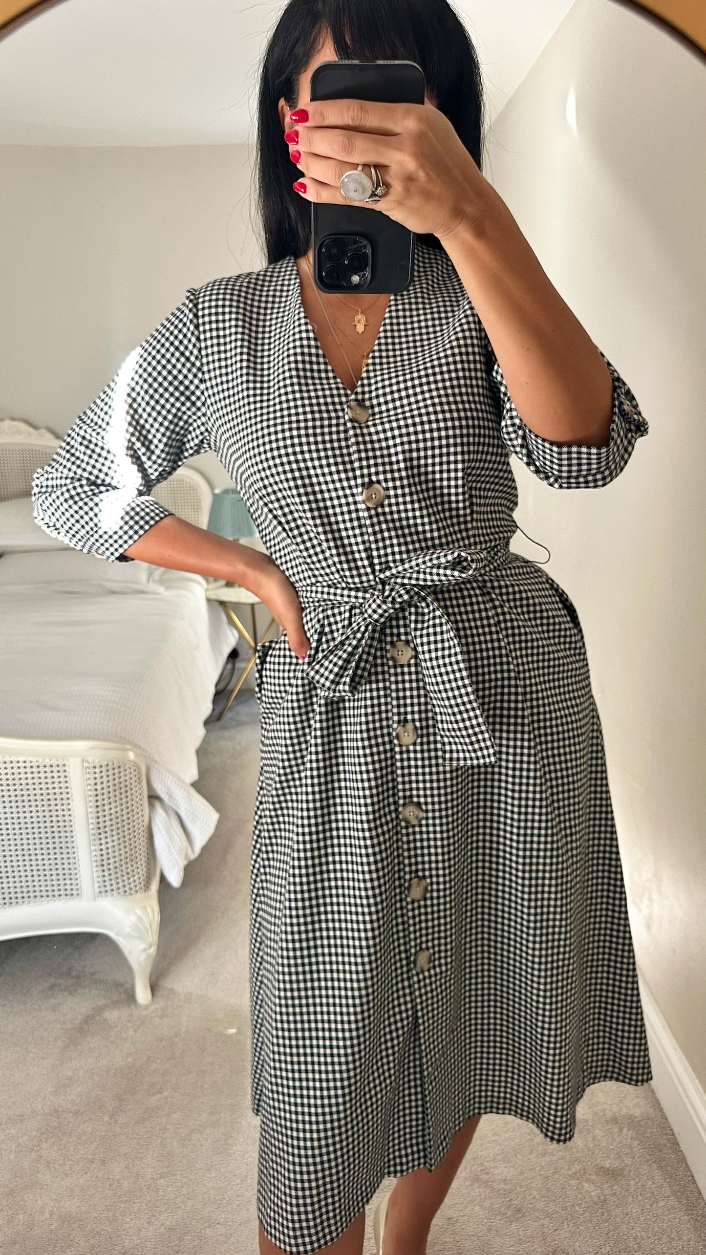 Mango black white gingham check button up shift dress UK 10 vgc