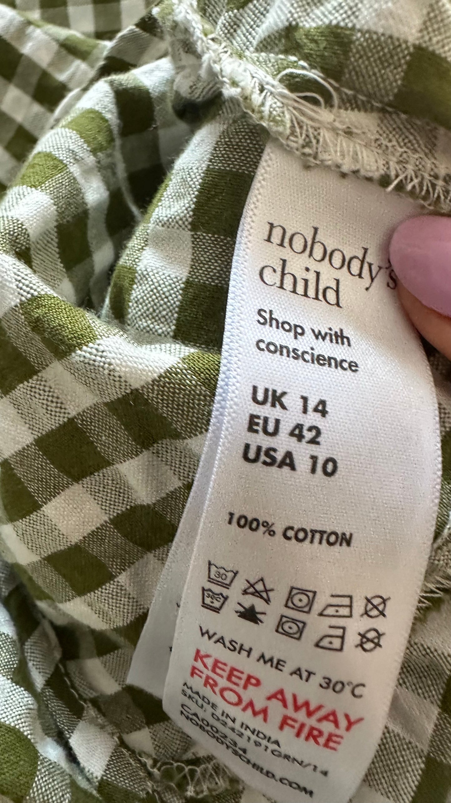 Nobody’s Child khaki green white gingham check mid length casual dress extra large UK 14 vgc