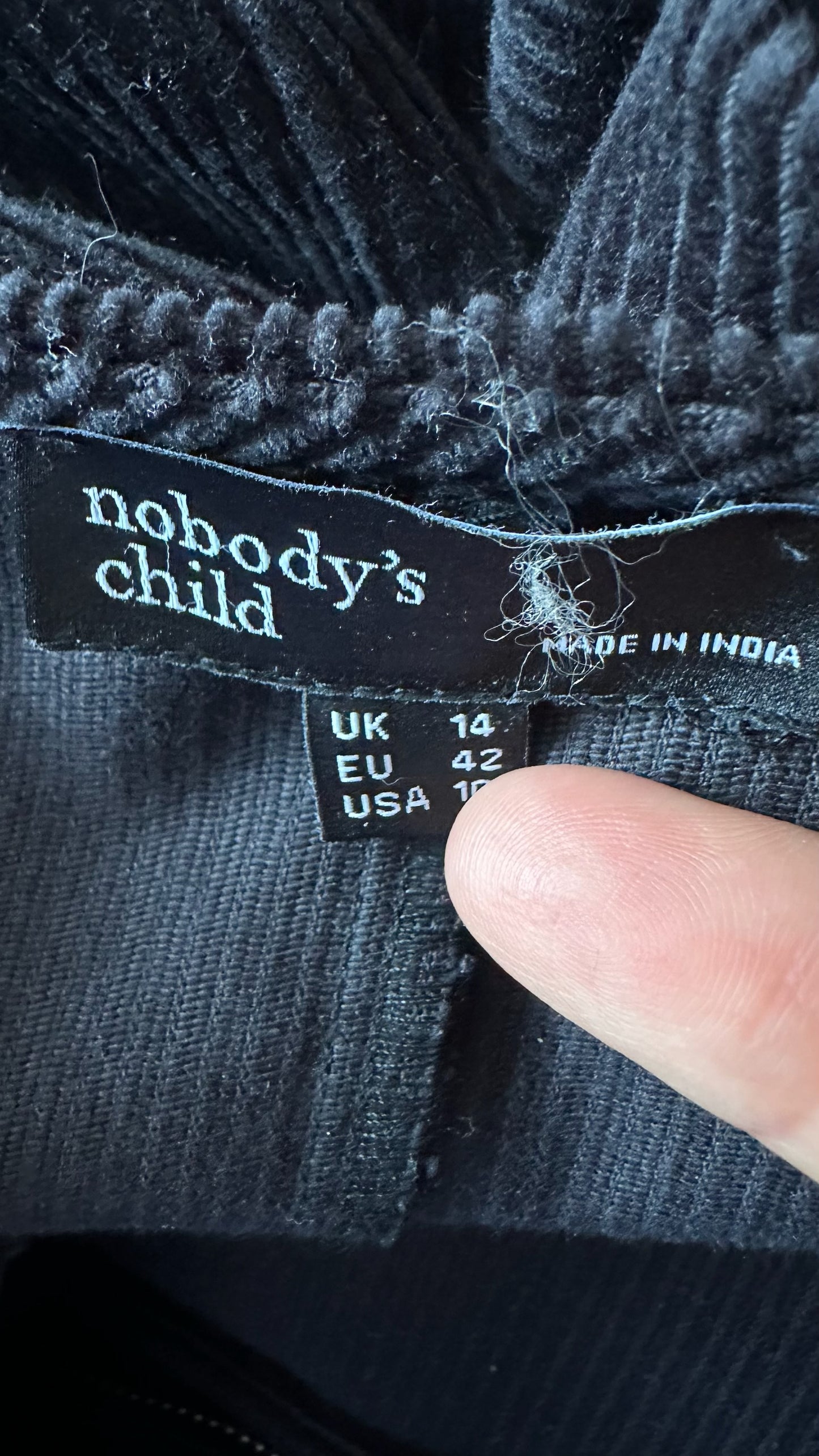 Nobody's child black corduroy zip up casual dress extra large UK 14 vgc w25