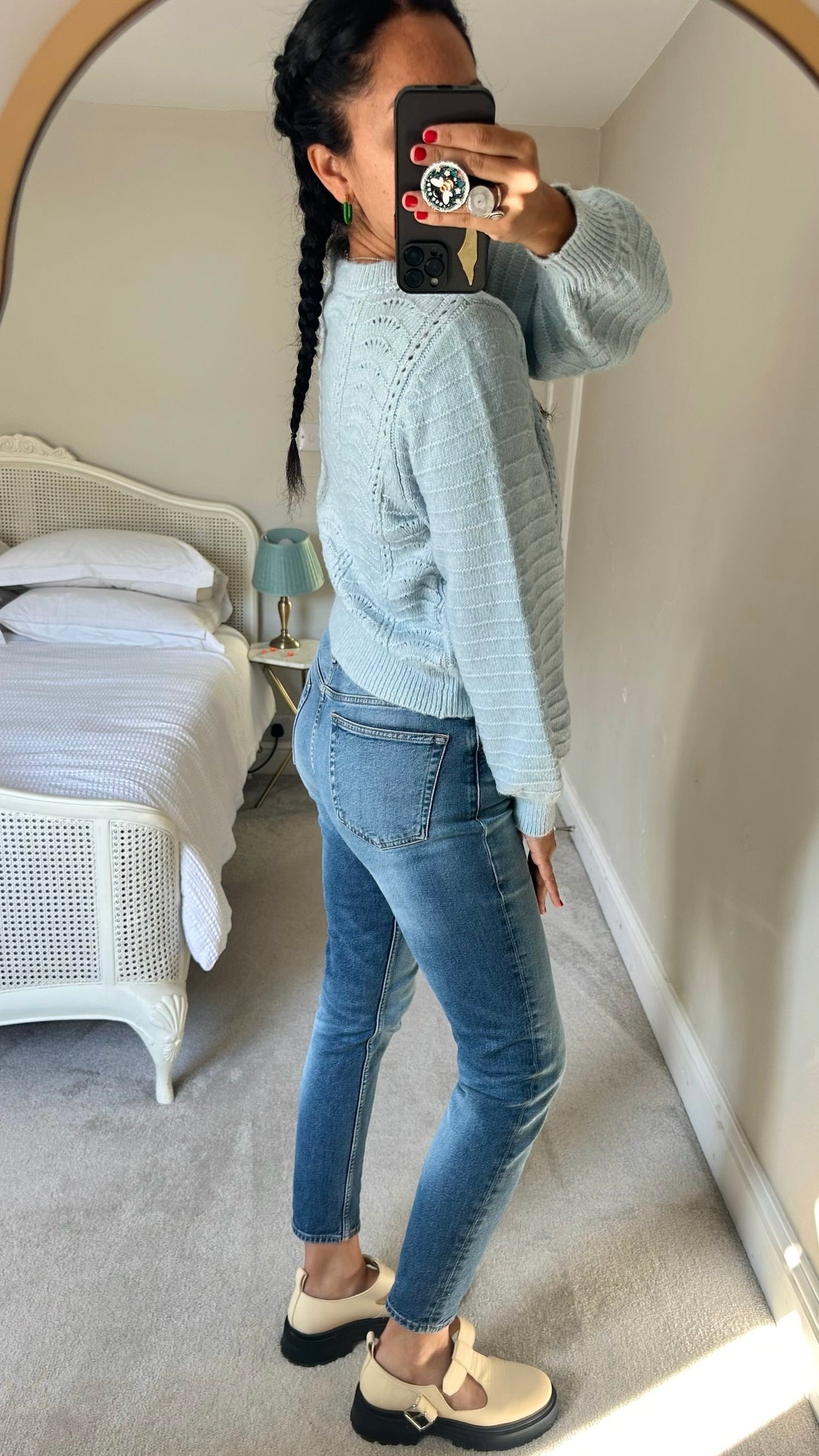 Oliver bonas light blue shell crochet knitted cardigan medium UK 10 vgc w25