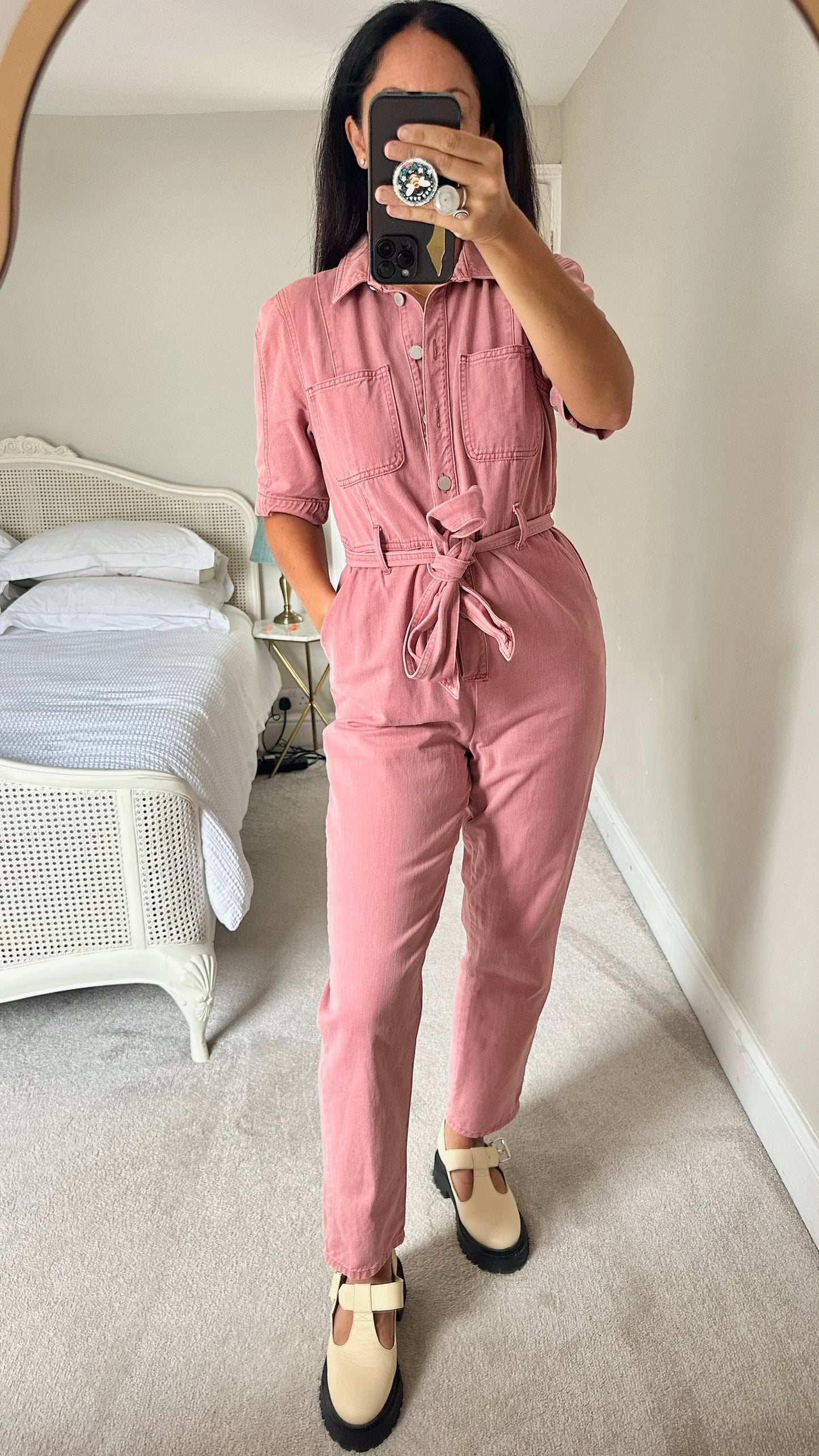 Mint velvet soft pink denim button up jumpsuit boilersuit L large UK 12 excellent used condition W25