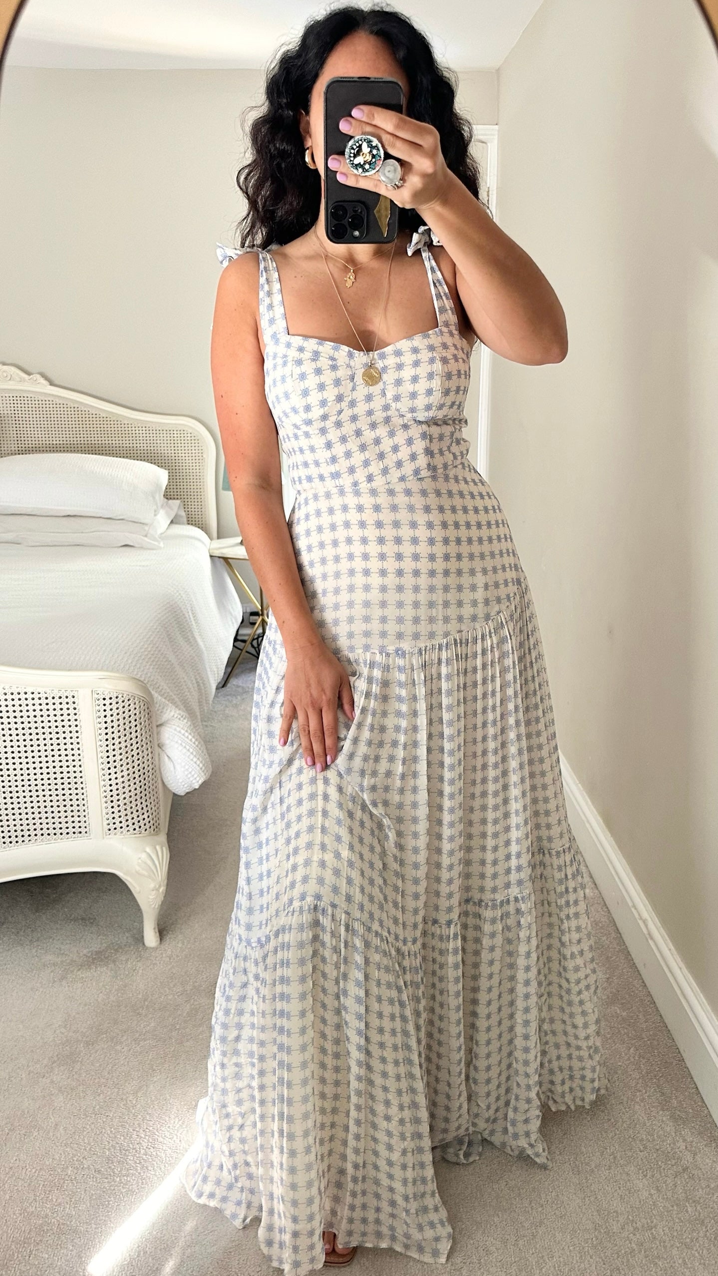 By Malina @Harvey Nichols cream blue print tiered maxi dress wedding guest small medium SM UK 8-10 vgc