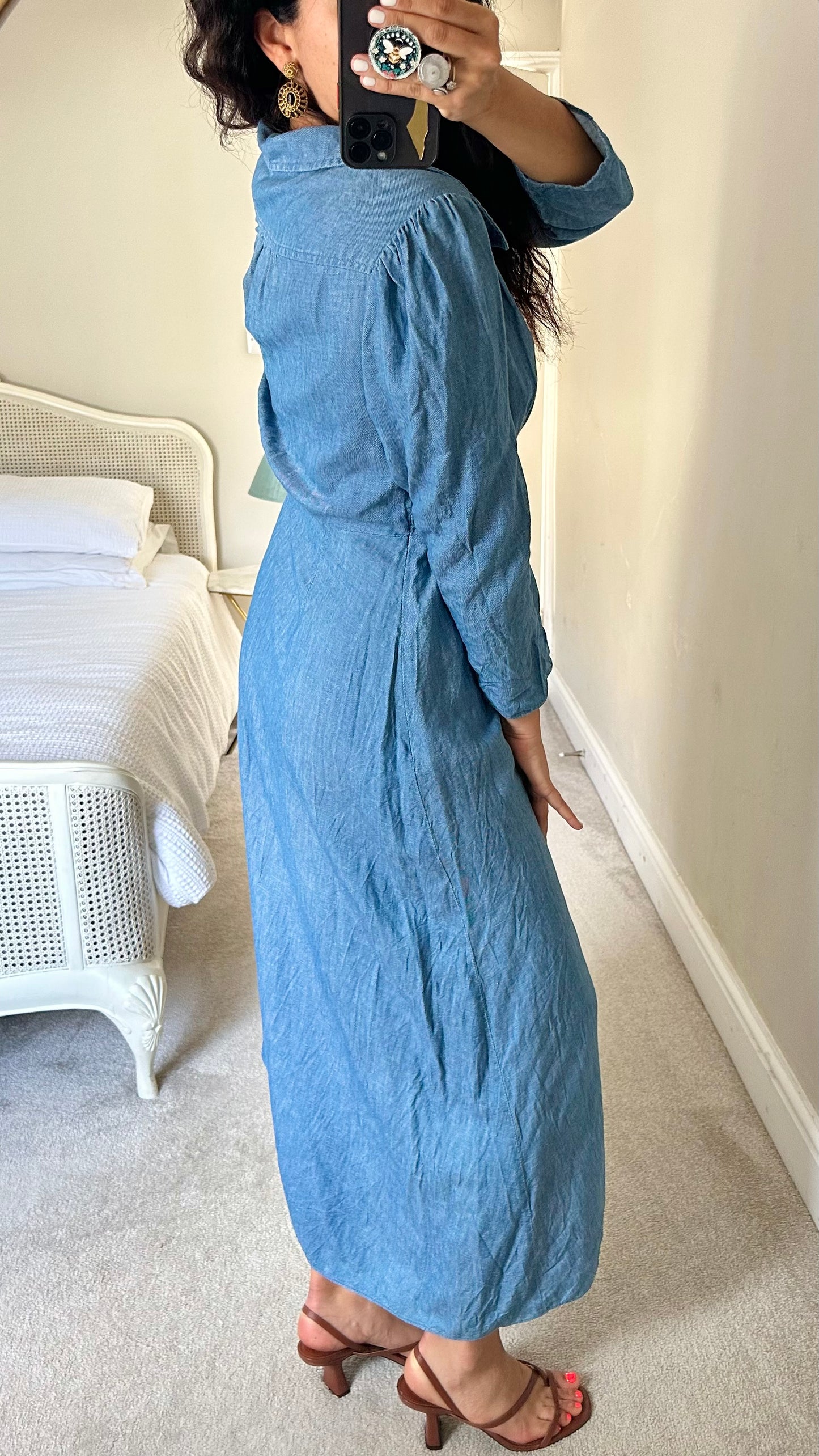 RIXO light blue denim long daisy print midi maxi dress medium UK 10 vgc