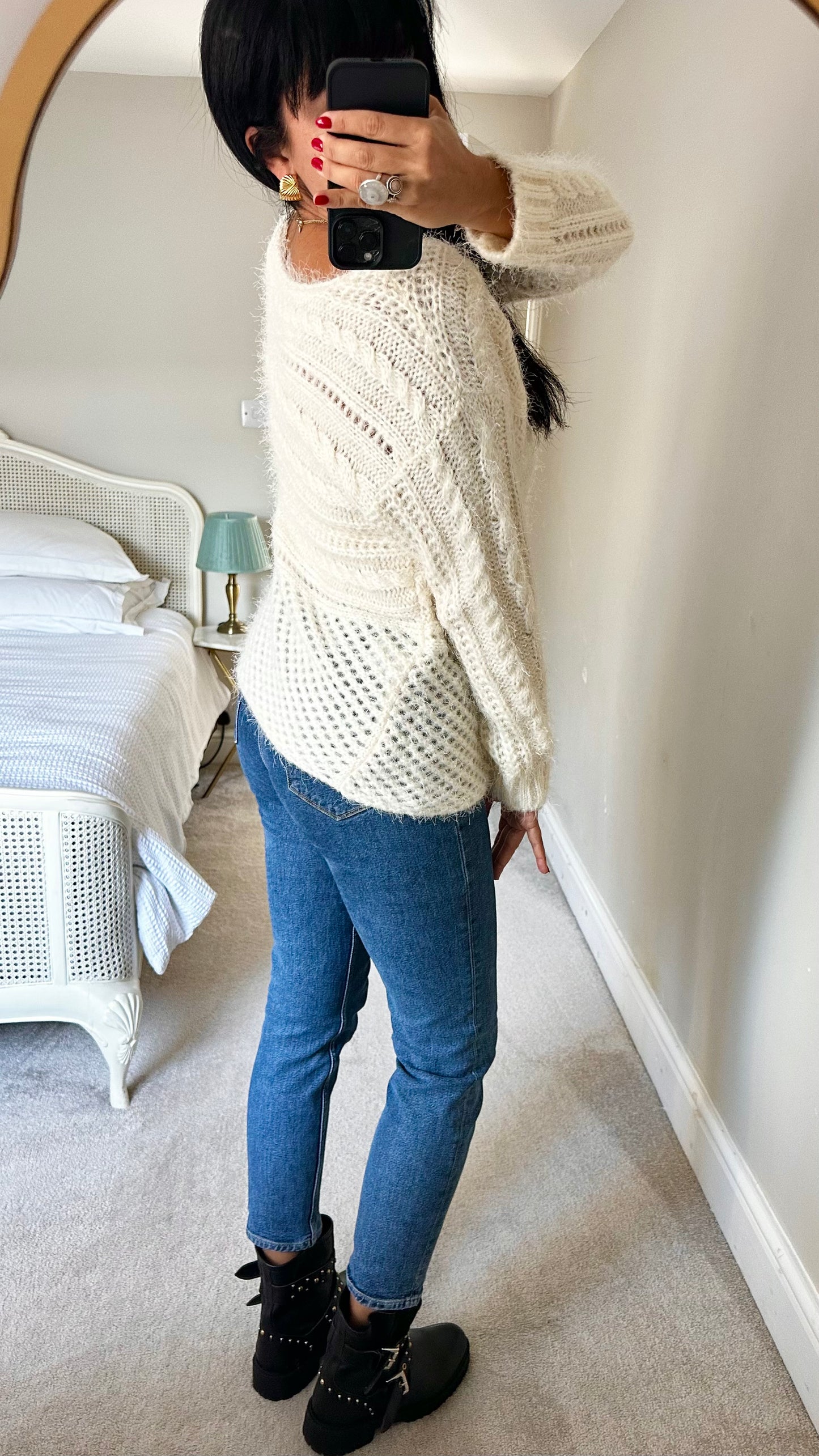 Olive white cream fluffy crotchet style longline jumper medium M UK 10 excellent used condition