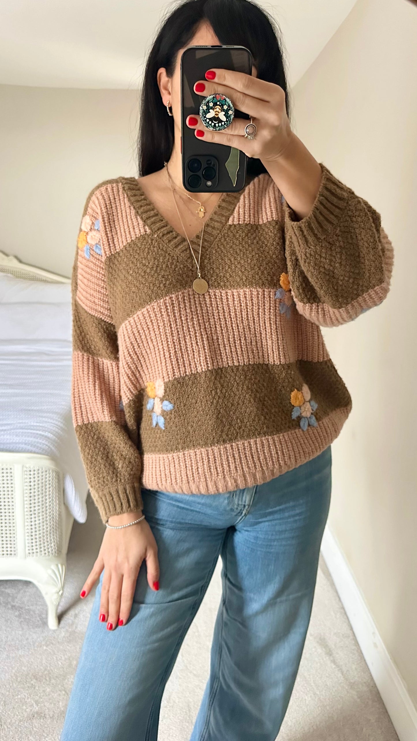 Numph @ Anthropologie brown stripe floral chunky knitted jumper extra large UK 14 vgc
