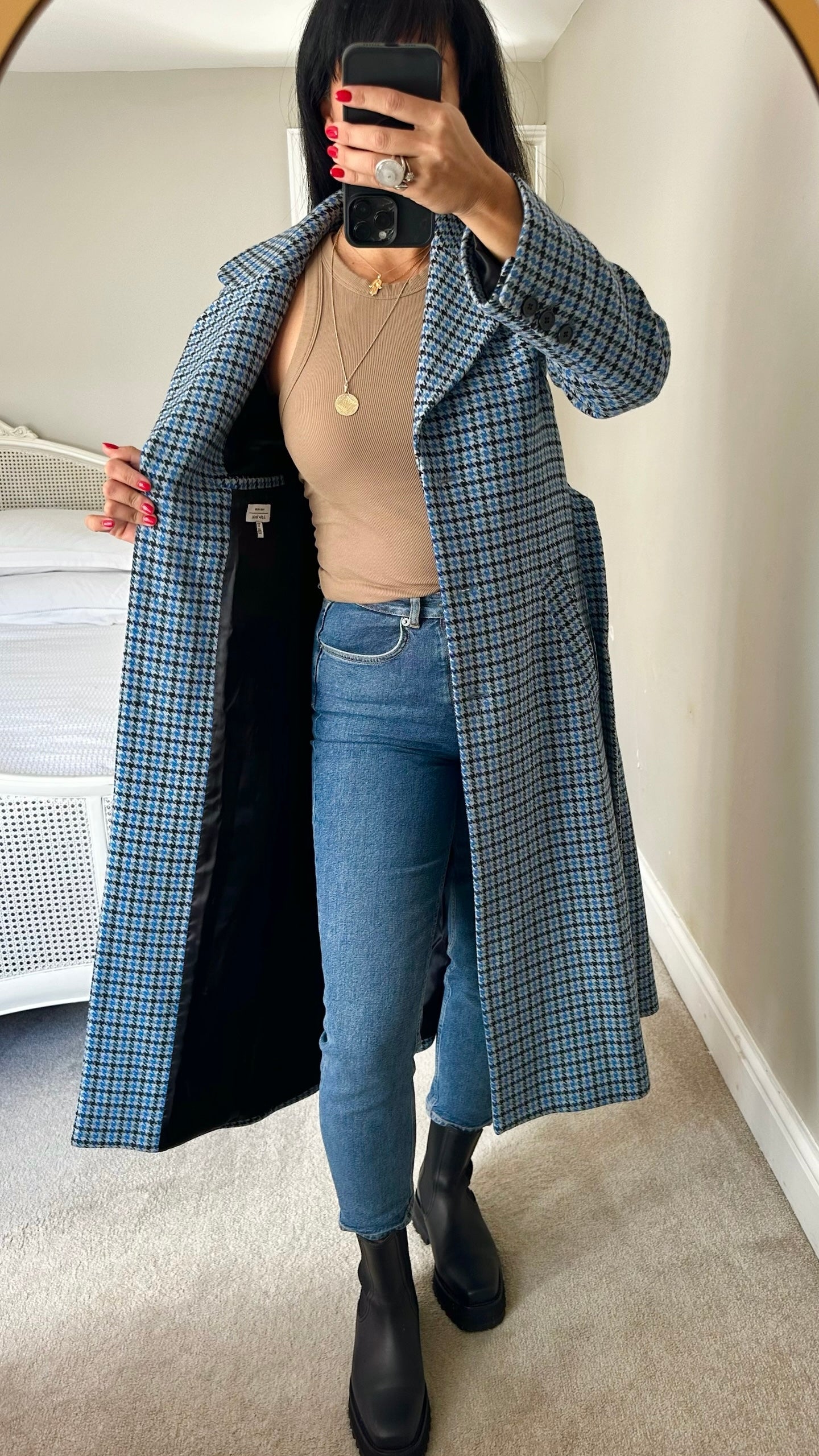 & Other stories light blue gingham check wool blend trench mac style longline coat small S UK 8 excellent used condition